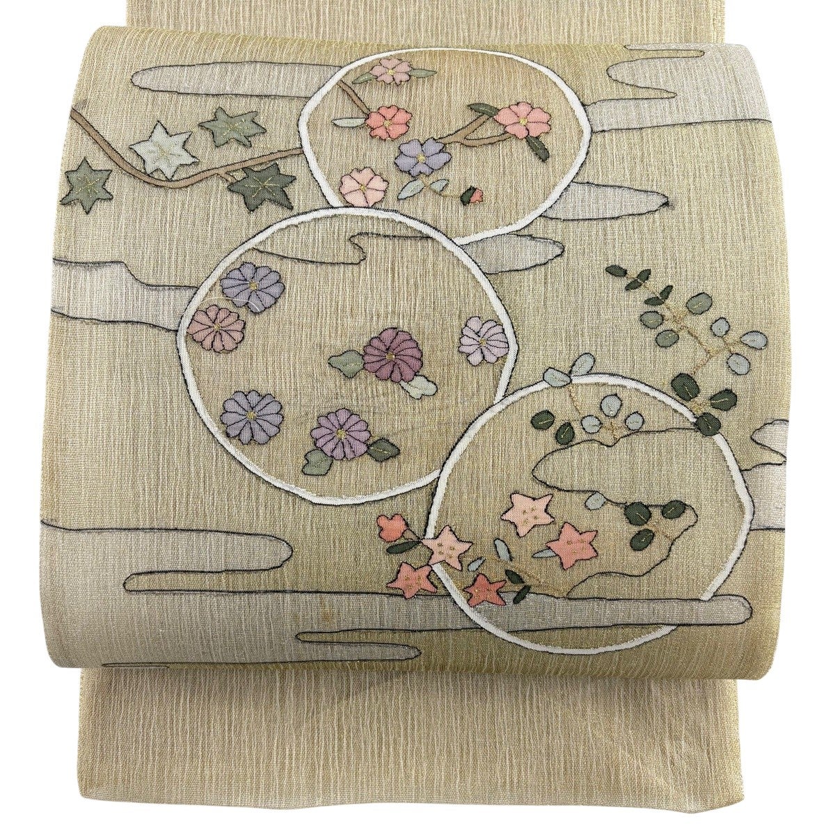 袋帯 秀品 夏帯 草花 ヱ霞 金糸 黄土色 お太鼓柄 正絹｜中古・古着