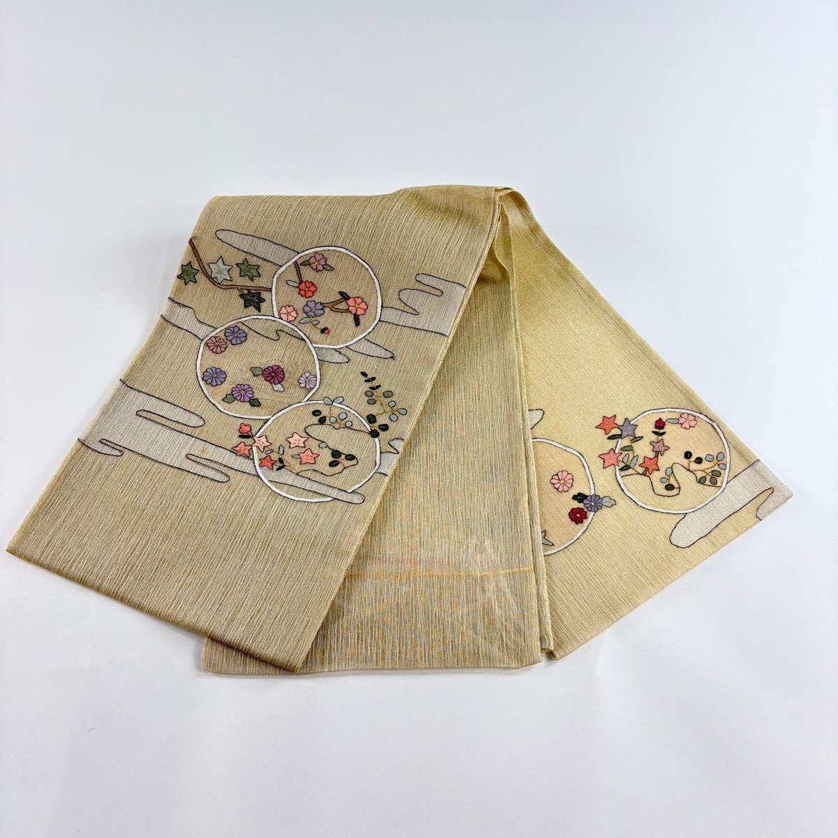 袋帯 秀品 夏帯 草花 ヱ霞 金糸 黄土色 お太鼓柄 正絹｜中古・古着