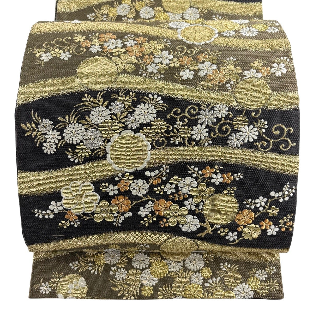 袋帯 秀品 花唐草 枝梅 金銀糸 刺繍 墨色 六通 正絹｜中古・古着