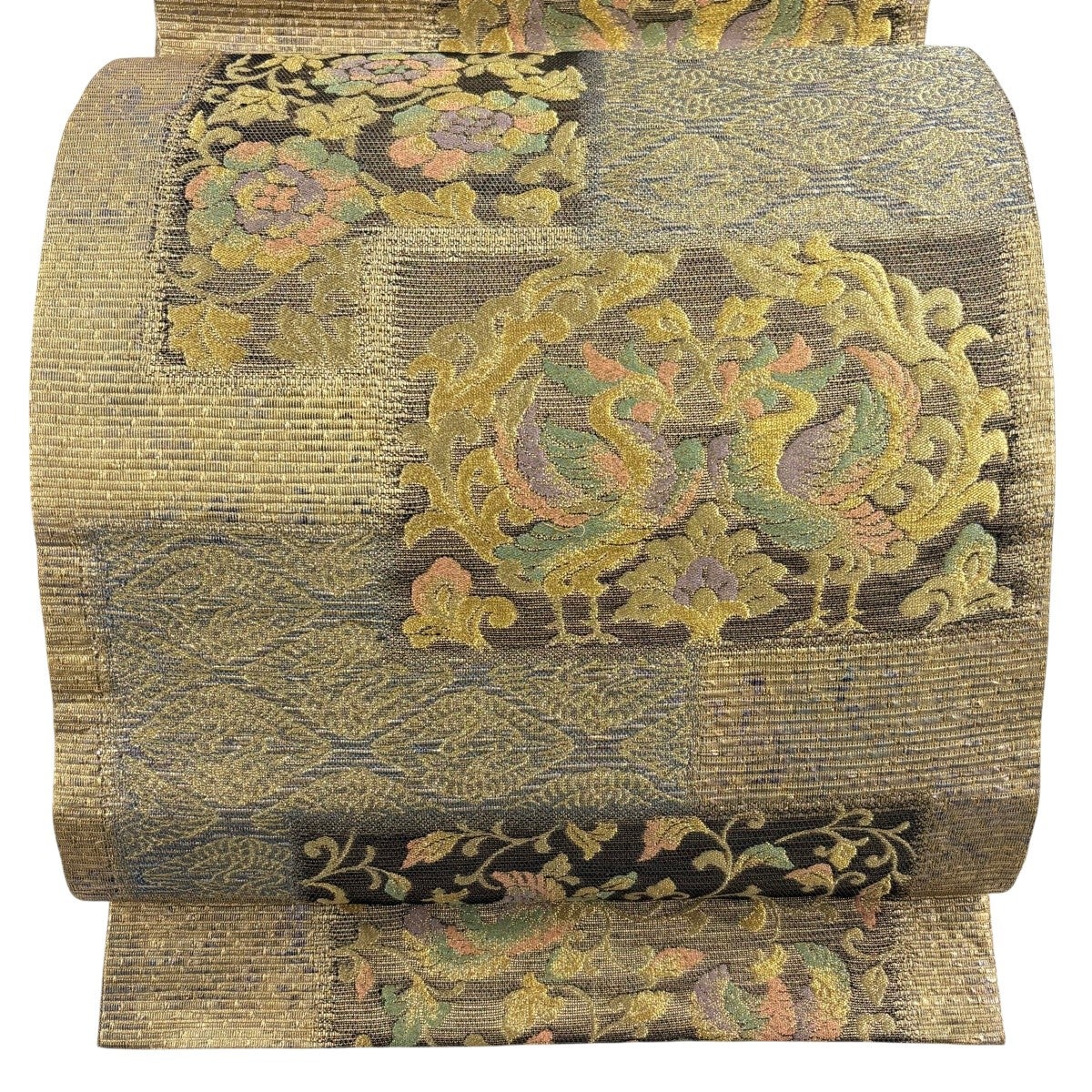 美品】 袋帯 秀品 鳳凰 花唐草 金糸 箔 金茶 六通 正絹｜中古・古着