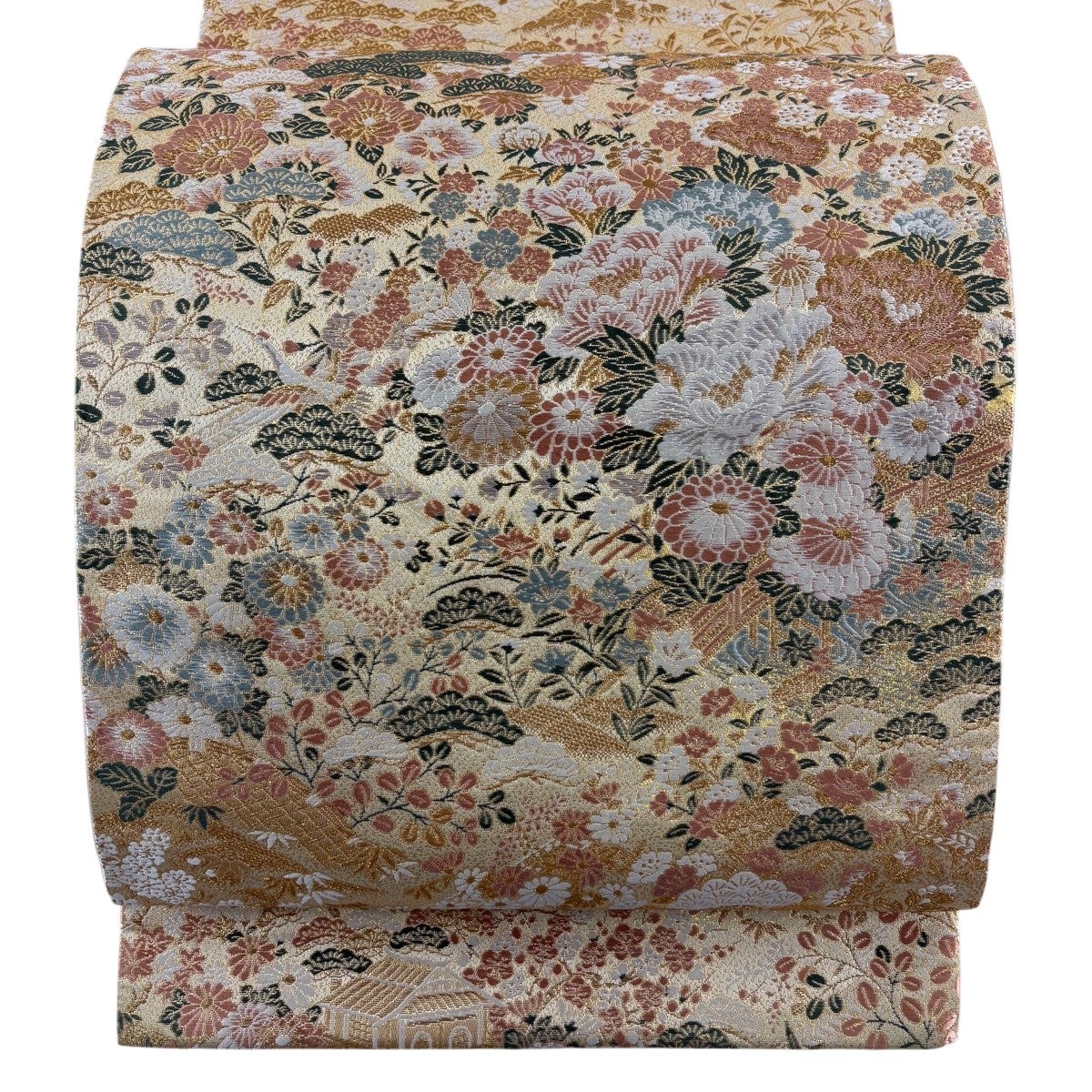 袋名古屋帯 優品 草花 鳳凰 金糸 箔 クリーム 正絹｜中古・古着