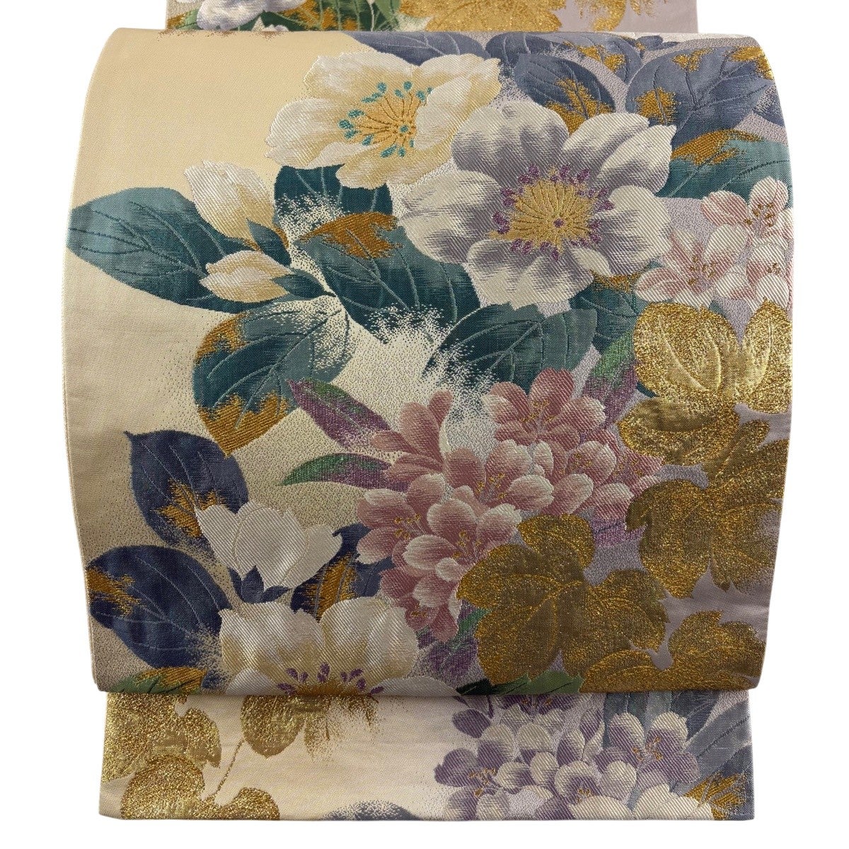美品】 袋帯 秀品 椿 鶴 箔 ベージュ 六通 正絹｜中古・古着