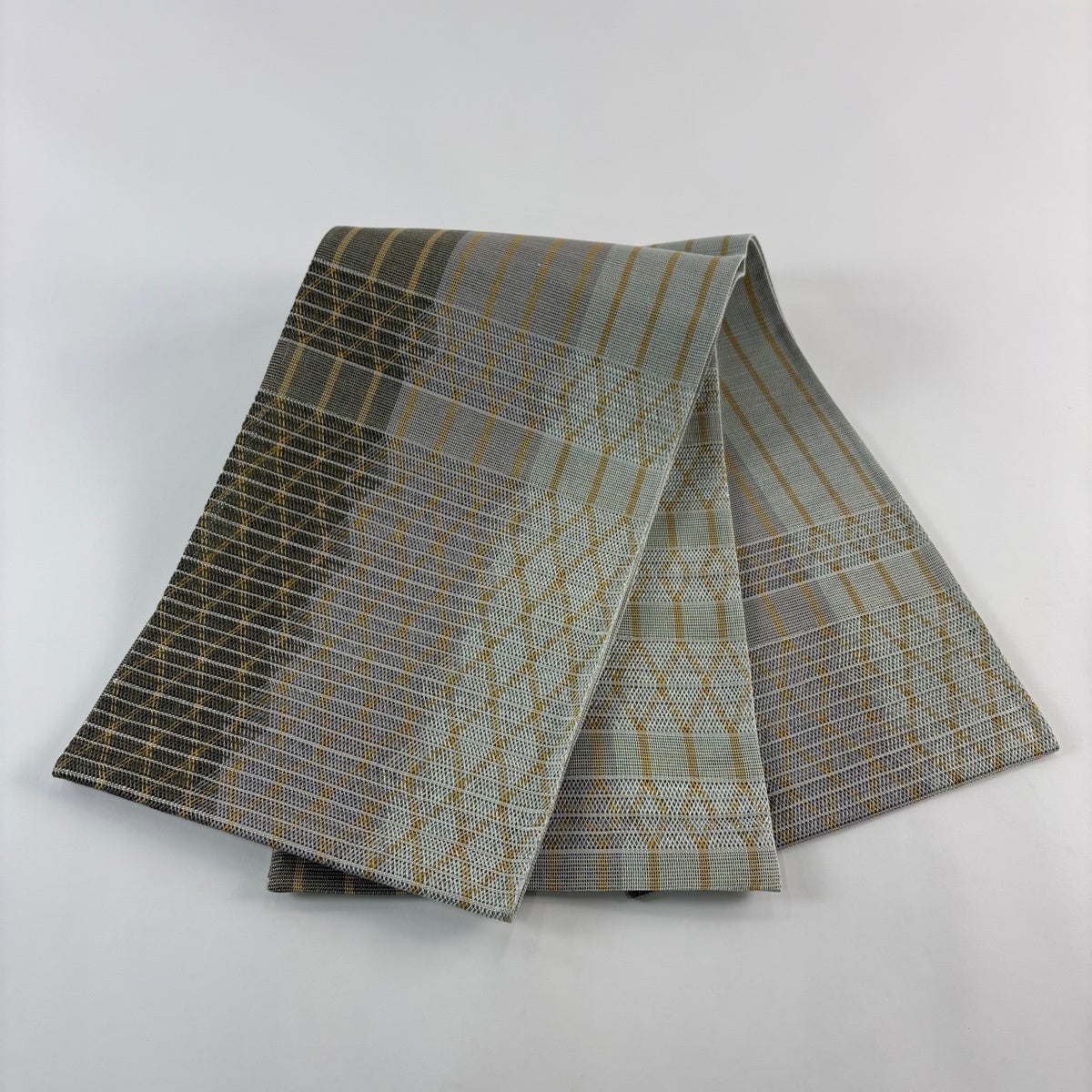 袋帯　太鼓柄　縞　灰緑　金銀糸箔 両面 美品】 袋帯 秀品 夏帯 紗羅 縞 亀甲 金糸 灰緑 お太鼓柄 正絹｜中古