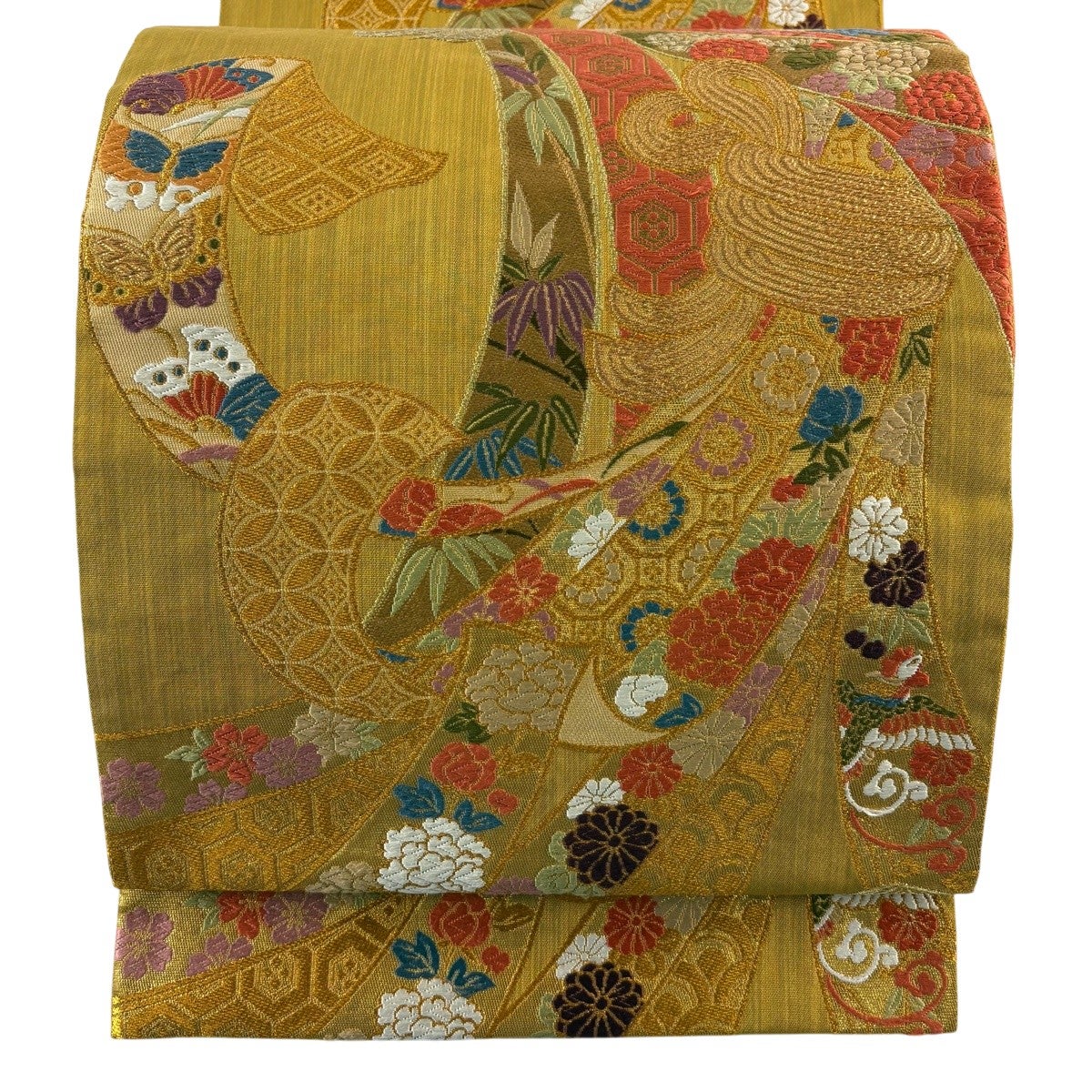 美品】 袋帯 秀品 振袖向き 束ね熨斗 花鳥 唐織 金糸 山吹茶色 六通