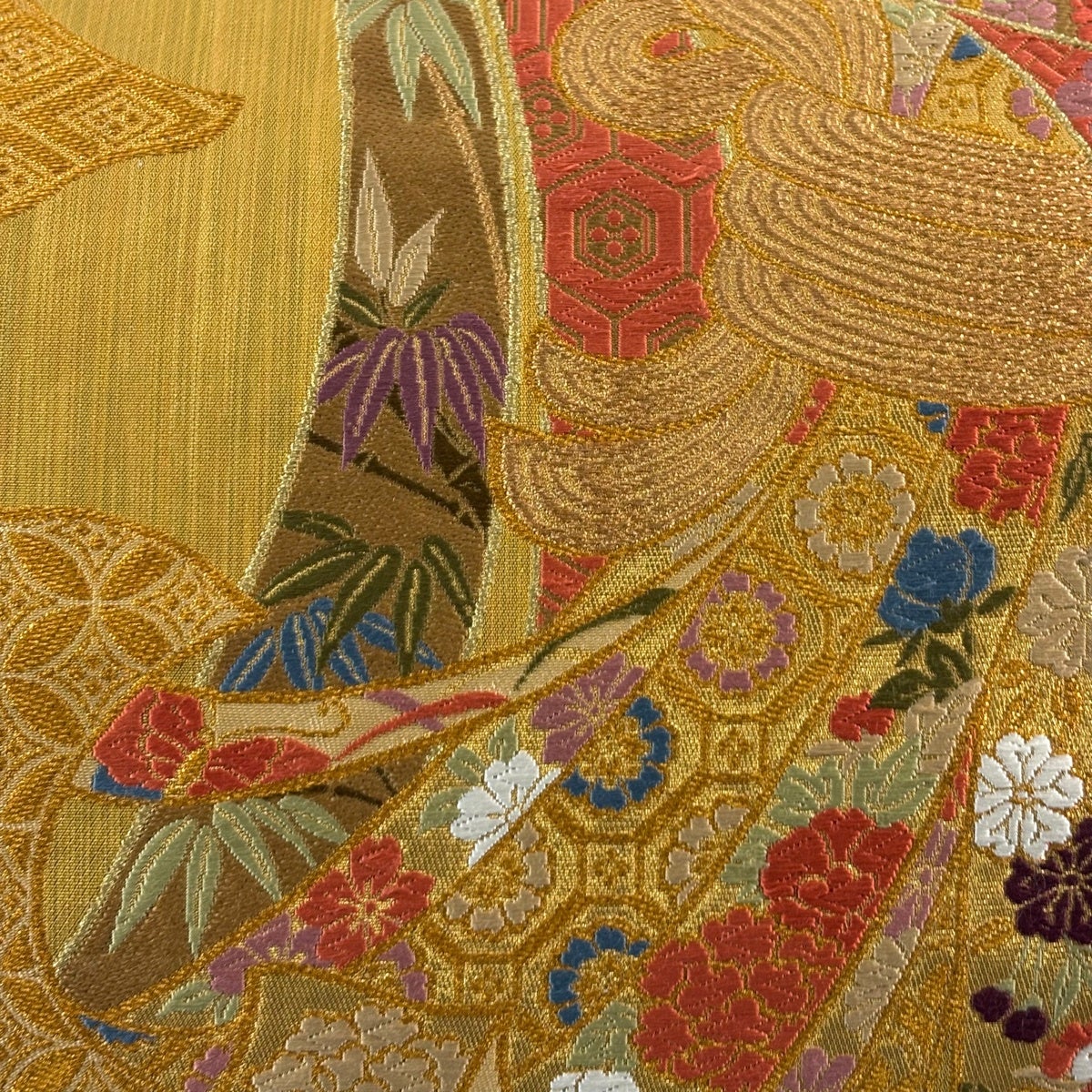 A 44袋帯 六通柄 箔　唐織　金彩金糸　花と鳥　振袖向き　正絹 美品 着物 美品】 袋帯 秀品 振袖向き 束ね熨斗 花鳥 唐織 金糸 山吹茶色 六通