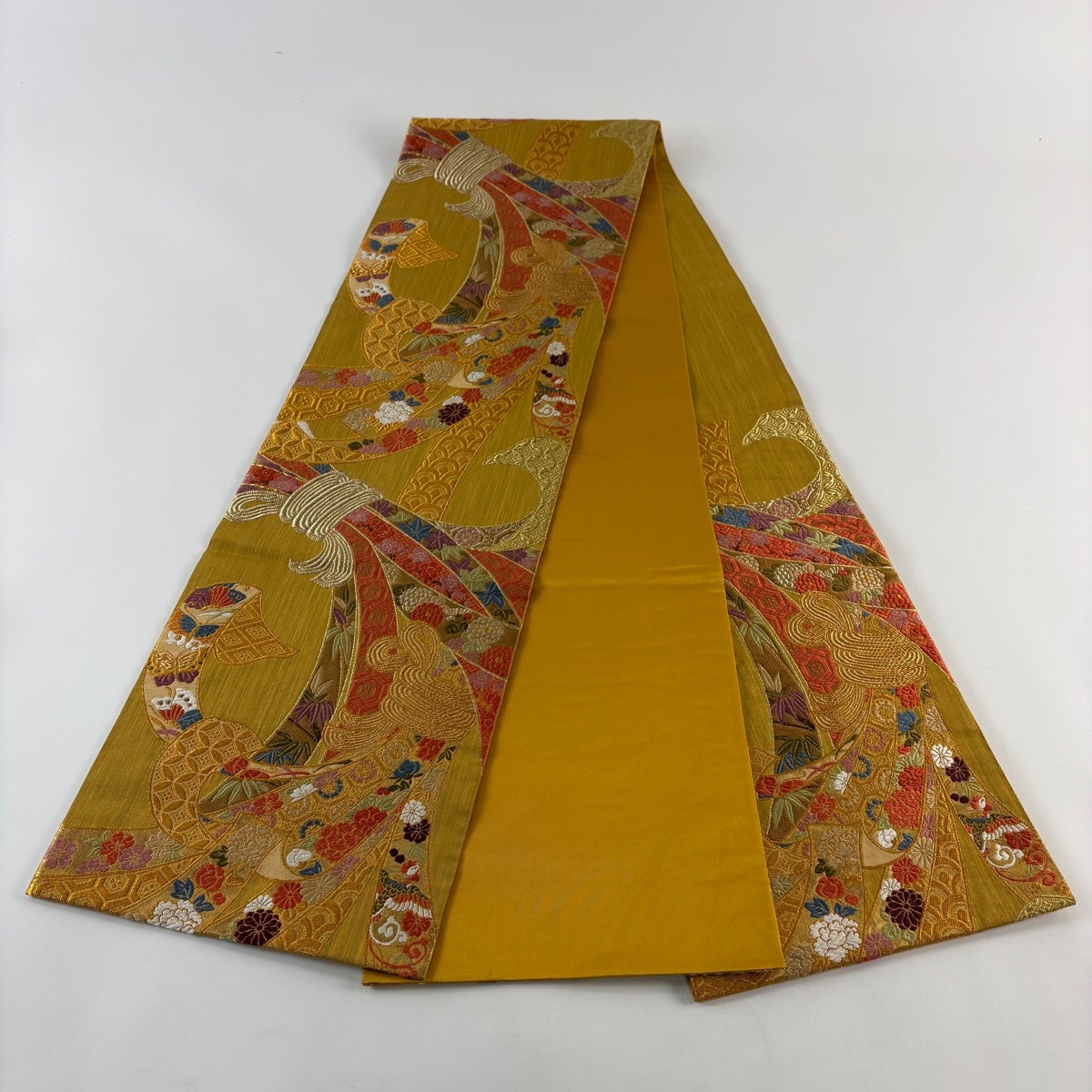 美品】 袋帯 秀品 振袖向き 束ね熨斗 花鳥 唐織 金糸 山吹茶色 六通