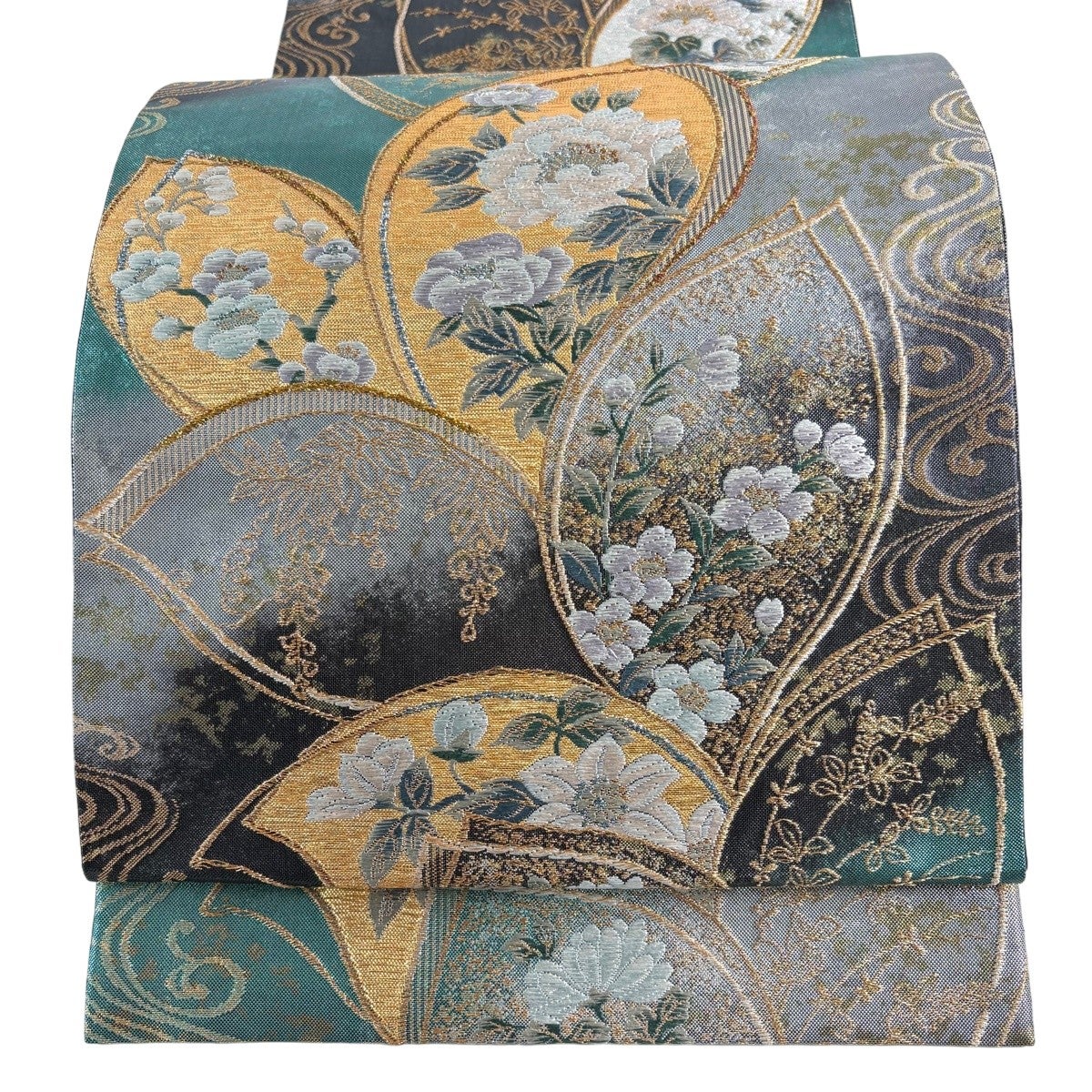 美品】 袋帯 秀品 優遊錦 草花 流水 刺繍 金糸 墨色 六通 正絹｜中古