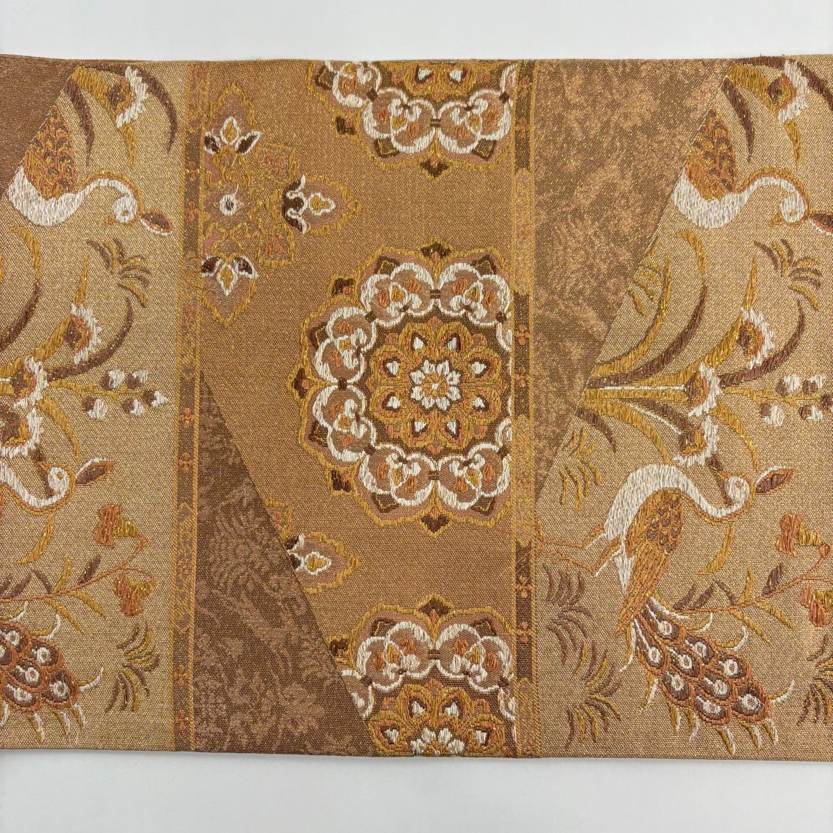 袋帯 秀品 孔雀 華文 刺繍 箔 薄茶色 六通 正絹｜中古・古着