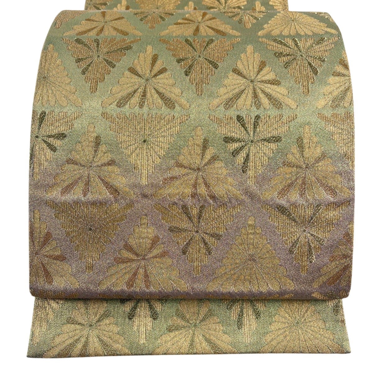未着用　袋帯　全通　金通し　金糸　縦縞　幾何学　花模様　着物　帯　044k d 美品】 袋帯 秀品 花 幾何学模様 金糸 箔 黄緑色 全通 正絹｜中古