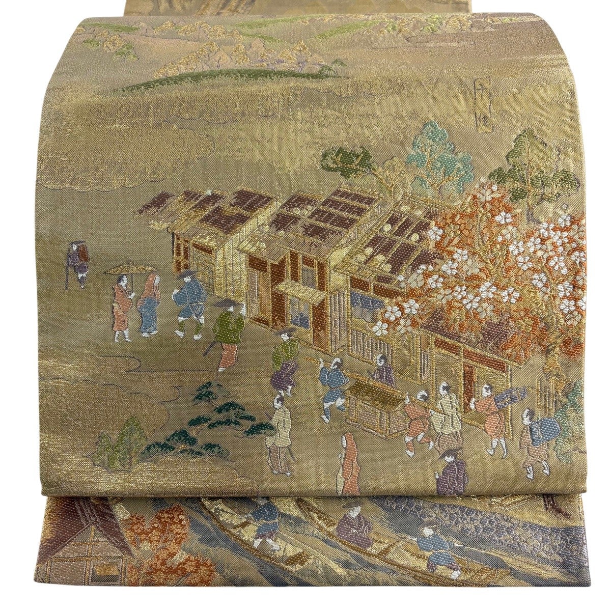 袋帯 秀品 江戸郊外名所図 人物 刺繍 金糸 金色 お太鼓柄 正絹｜中古