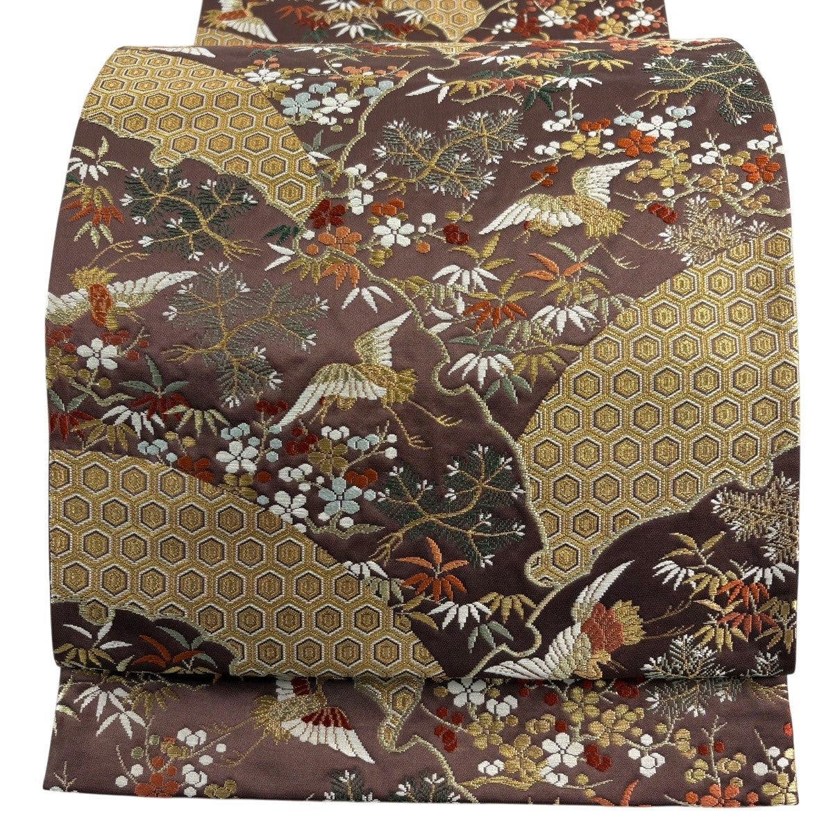 美品】 袋帯 秀品 松竹梅 鶴 金糸 刺繍 茶紫 六通 正絹｜中古・古着