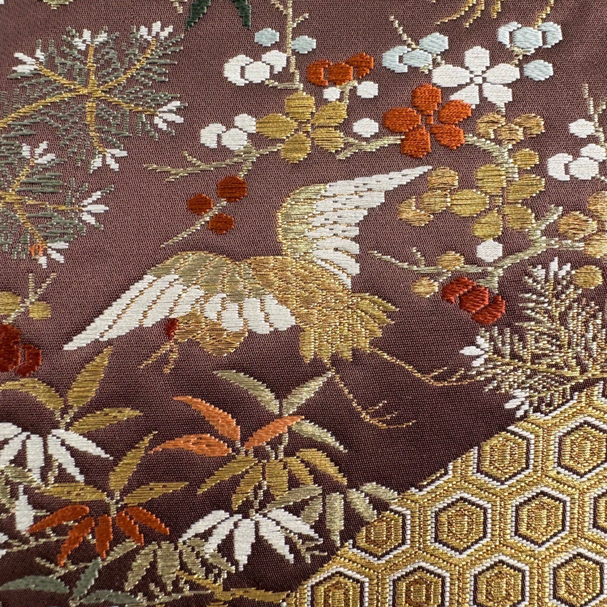 美品】 袋帯 秀品 松竹梅 鶴 金糸 刺繍 茶紫 六通 正絹｜中古・古着
