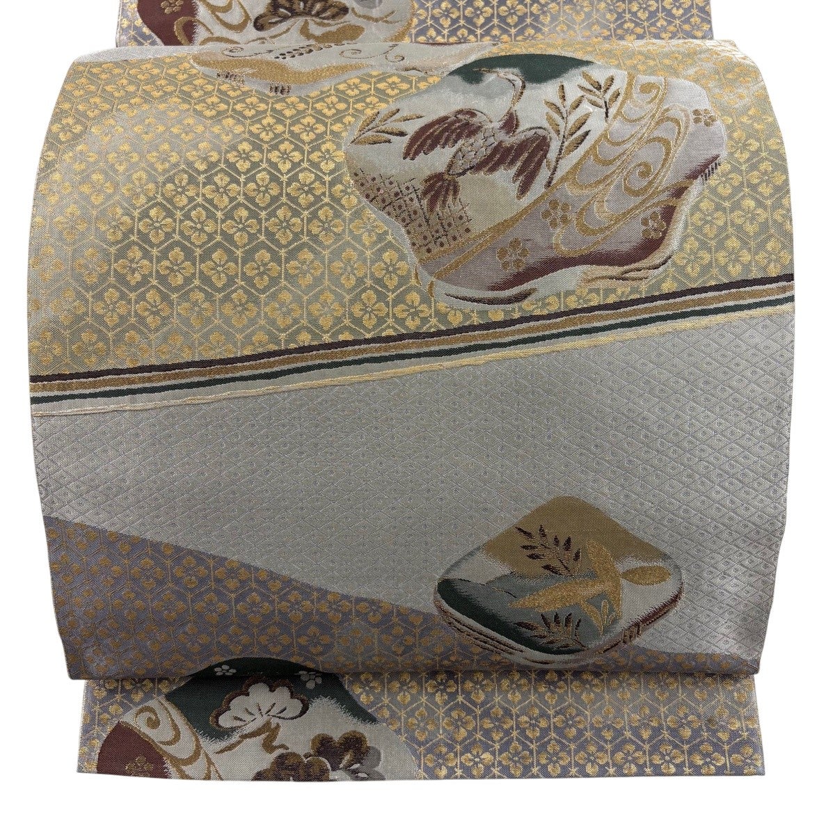 piyopiyoさまリクエスト【美品】袋帯 鳥模様 花柄（白灰色系） 袋帯 秀品 鳥 草花 箔 灰色 六通 正絹｜中古・古着・リサイクル着物