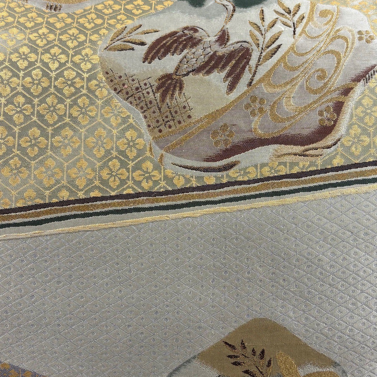 袋帯 秀品 鳥 草花 箔 灰色 六通 正絹｜中古・古着・リサイクル着物