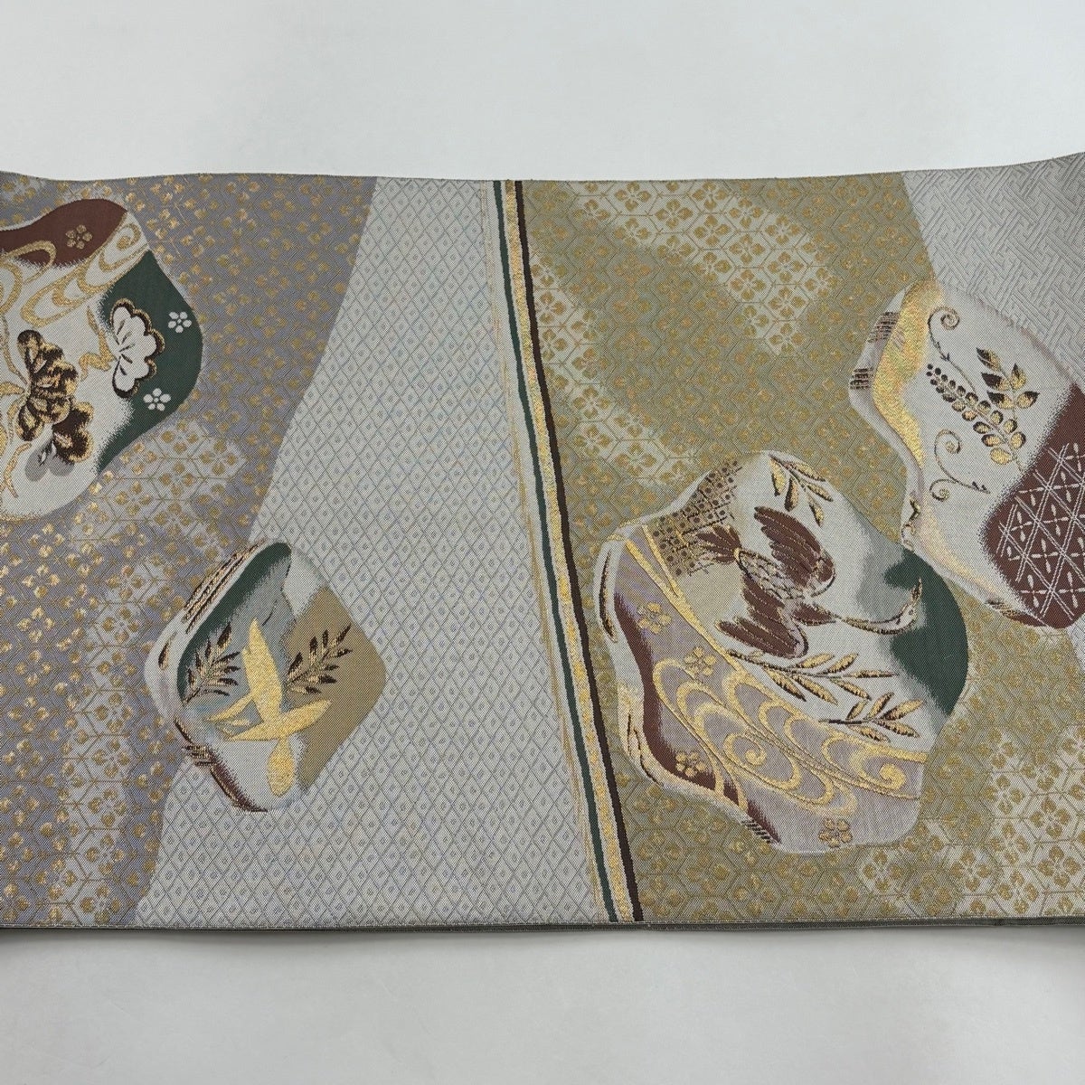 袋帯 秀品 鳥 草花 箔 灰色 六通 正絹｜中古・古着・リサイクル着物