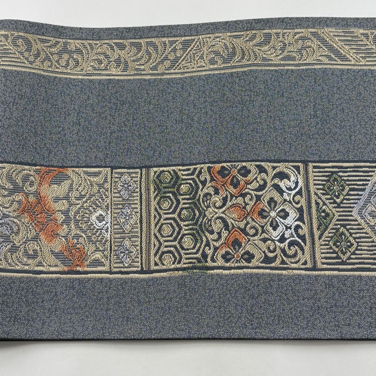 美品】 袋帯 秀品 草花 向かい鳥 金銀糸 青灰色 六通 正絹｜中古・古着