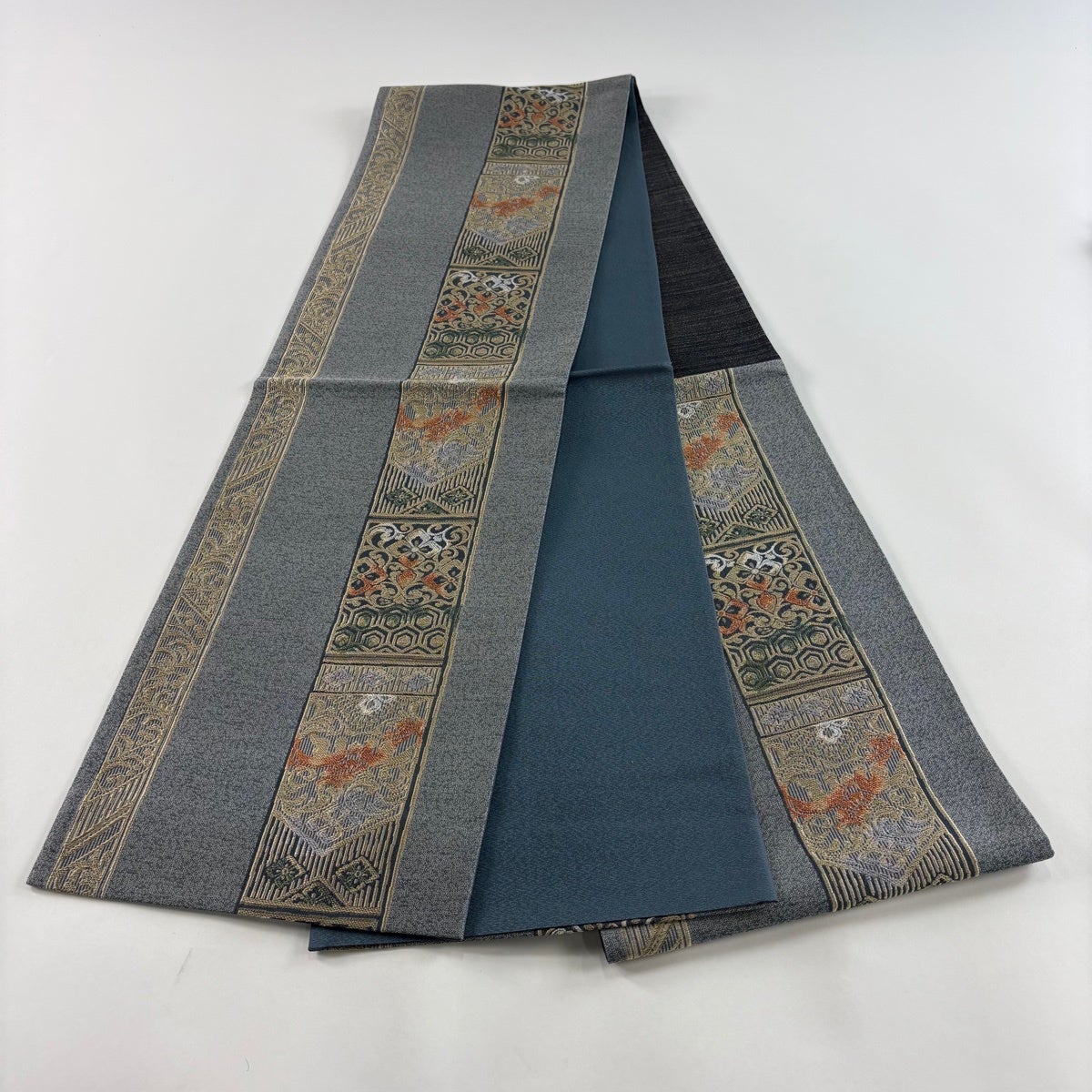 美品】 袋帯 秀品 草花 向かい鳥 金銀糸 青灰色 六通 正絹｜中古・古着
