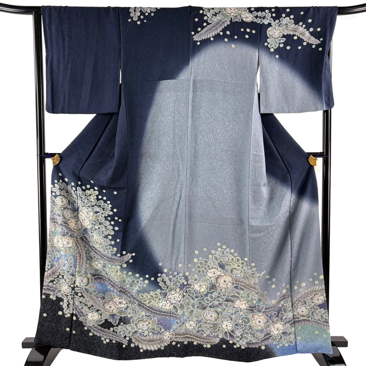 訪問着 身丈164.5cm 裄丈66cm M 袷 辻が花 金彩 ぼかし 濃紺 正絹 名品