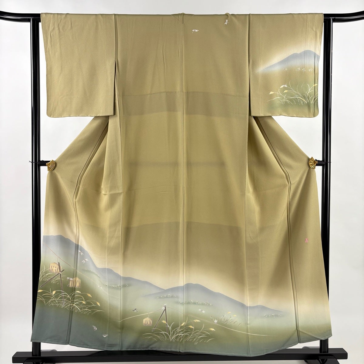 訪問着 身丈154cm 裄丈63cm S 袷 落款あり 建物 樹木 ぼかし 青緑 正絹