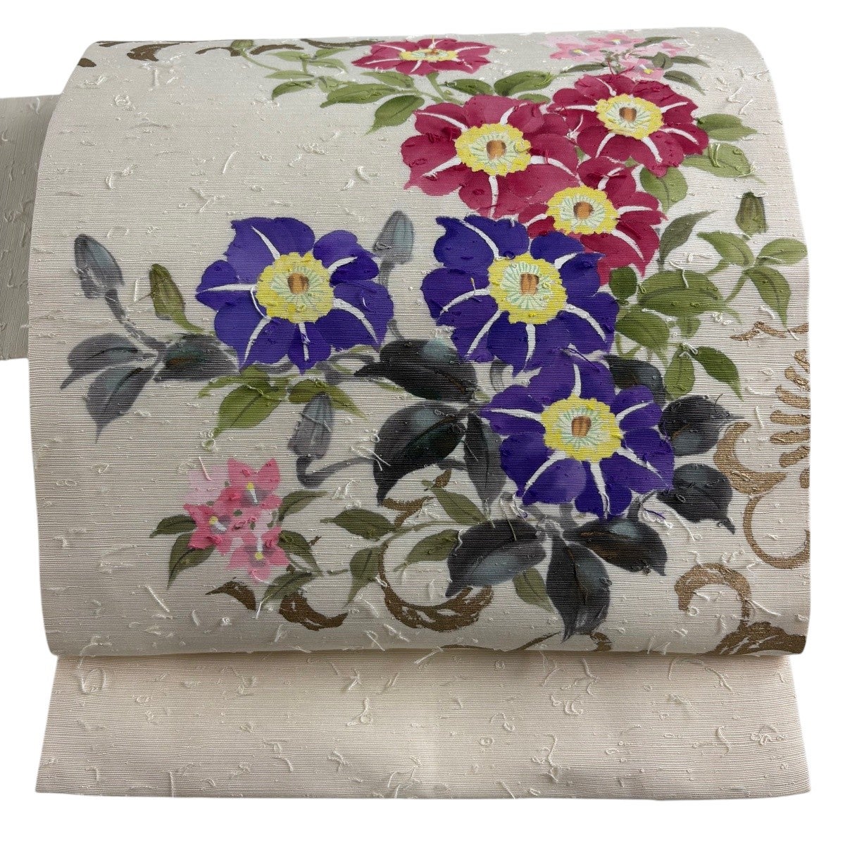 美品】 名古屋帯 秀品 草花 金彩 クリーム 正絹｜中古・古着