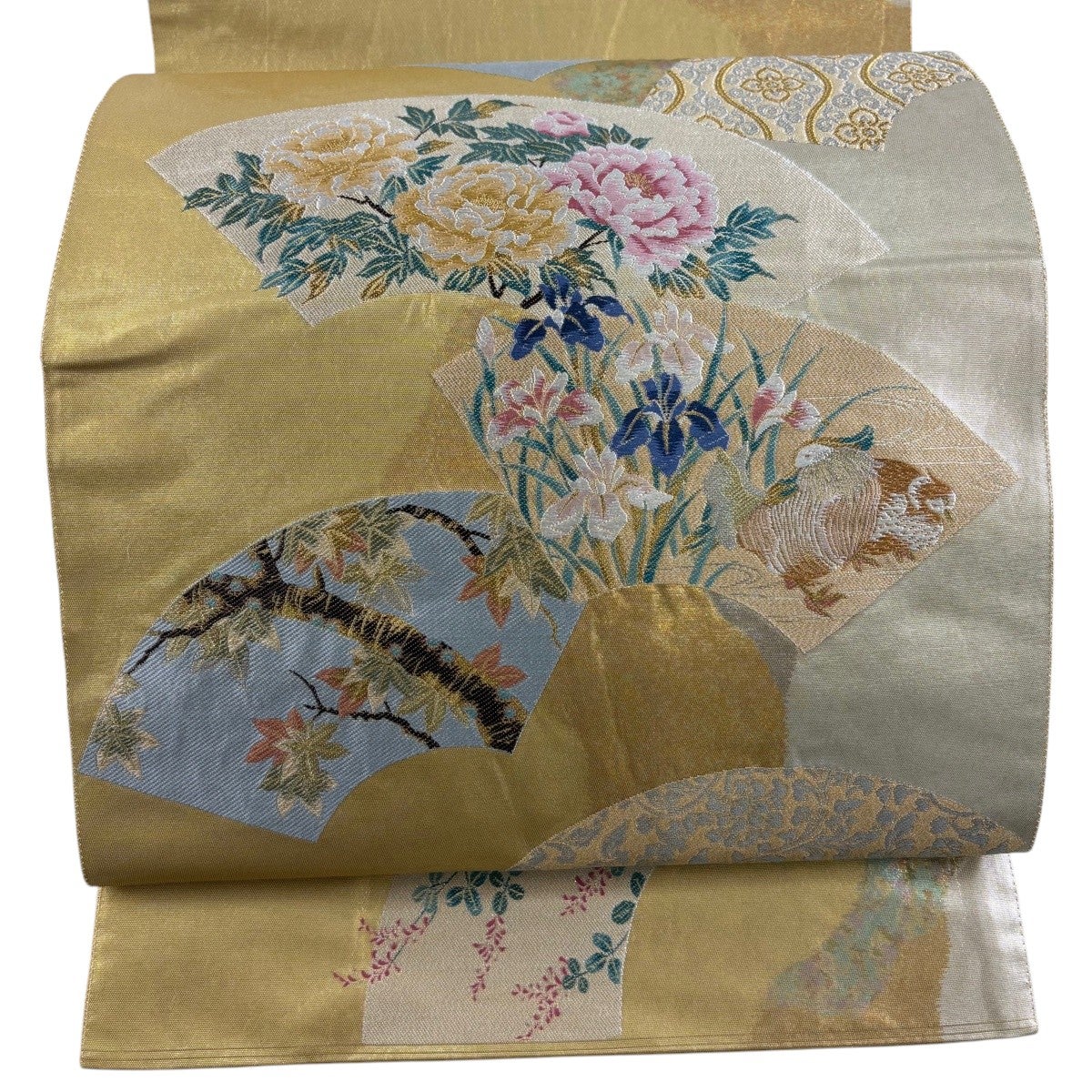 袋帯 秀品 関西仕立て 扇面 花鳥 金銀糸 箔 金色 六通 正絹｜中古