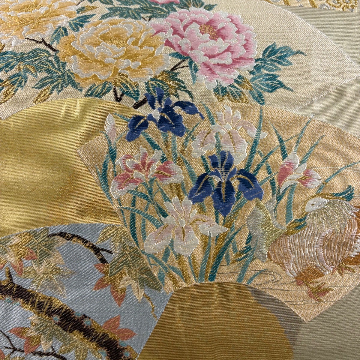 袋帯 正絹 扇面 花鳥文様 金糸 袋帯 秀品 関西仕立て 扇面 花鳥 金銀糸 箔 金色 六通 正絹｜中古