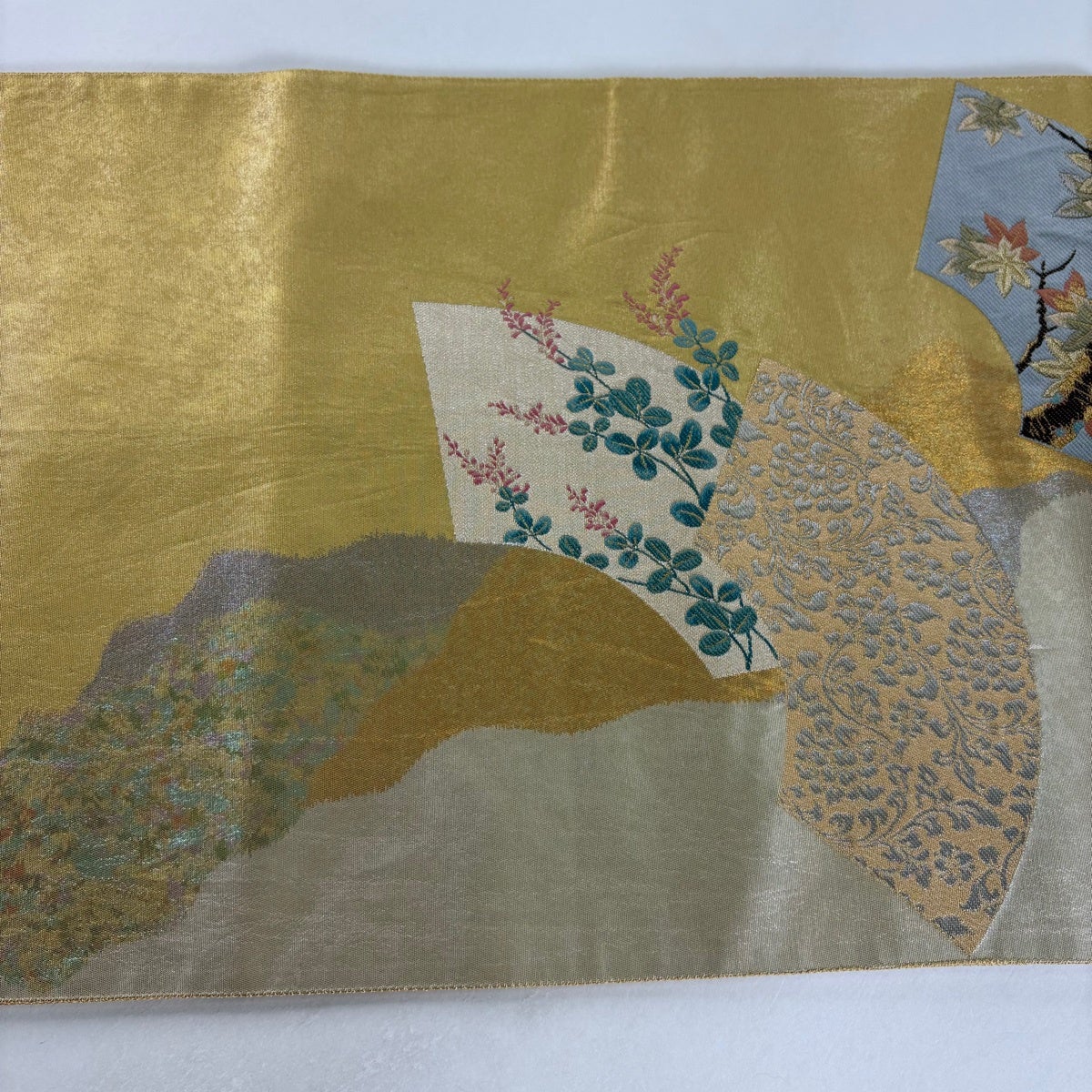袋帯 秀品 関西仕立て 扇面 花鳥 金銀糸 箔 金色 六通 正絹｜中古