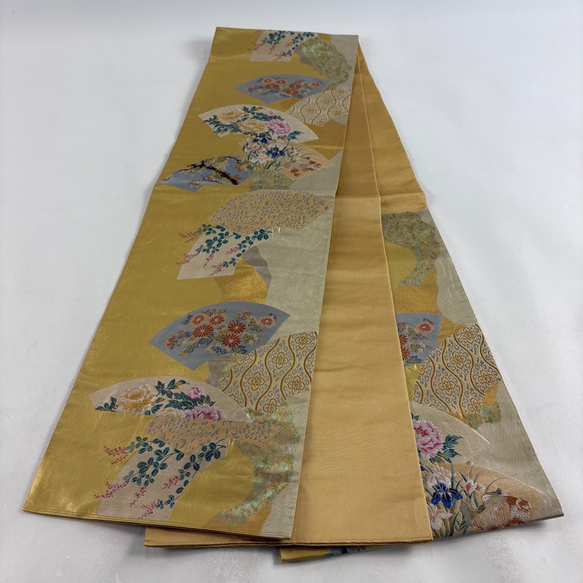 袋帯 秀品 関西仕立て 扇面 花鳥 金銀糸 箔 金色 六通 正絹｜中古