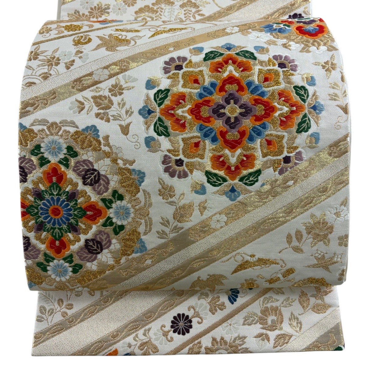 袋帯 秀品 華文 草花 金糸 箔 ベージュ 六通 正絹｜中古・古着