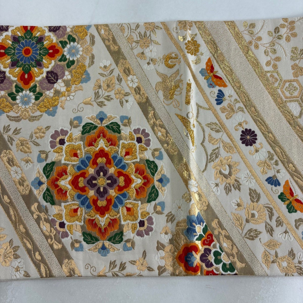 六通袋帯 華麗彩華 錦織文様 金糸 袋帯 秀品 華文 草花 金糸 箔 ベージュ 六通 正絹｜中古・古着