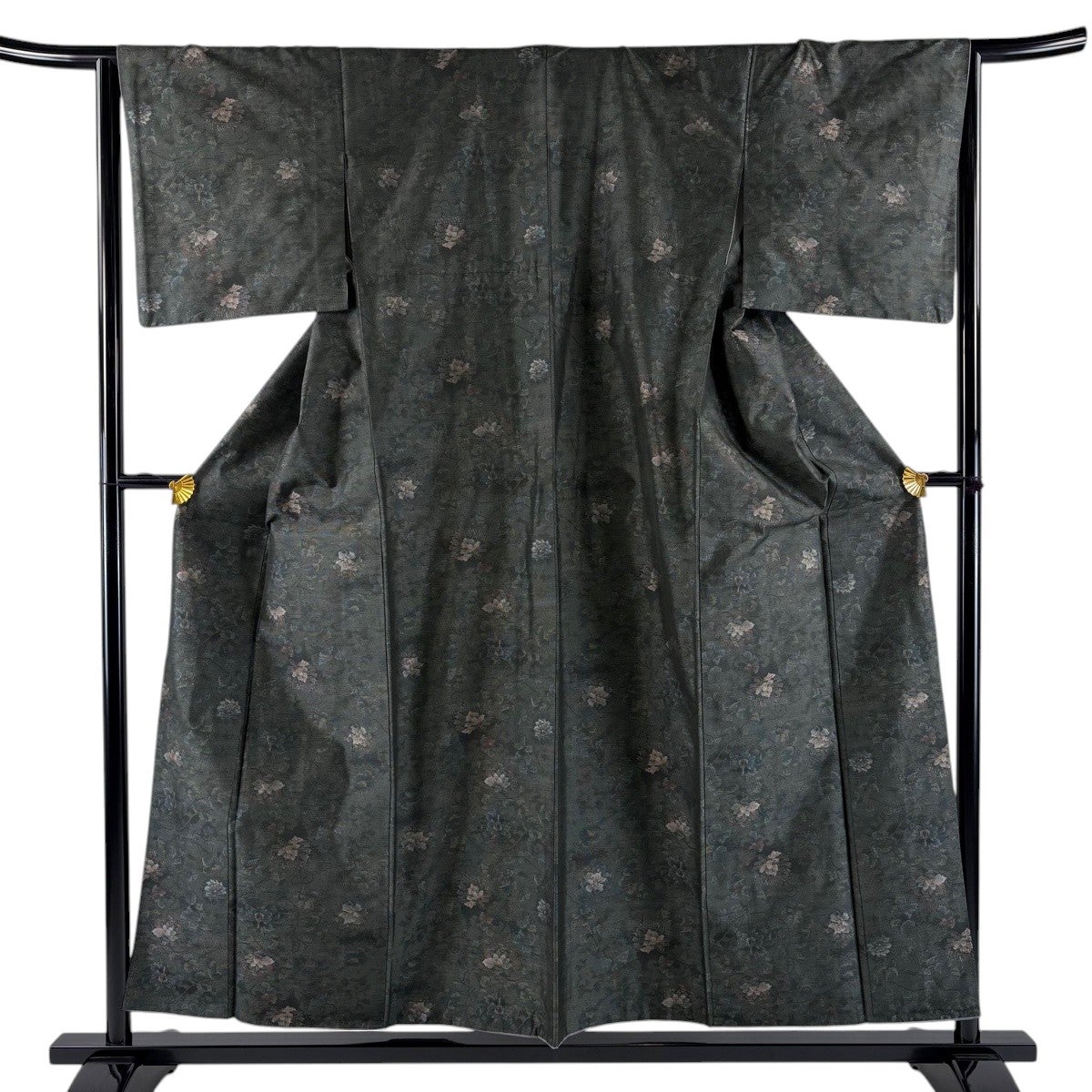 美品】 紬 身丈156.5cm 裄丈64cm M 袷 草花 灰緑 正絹 優品｜中古