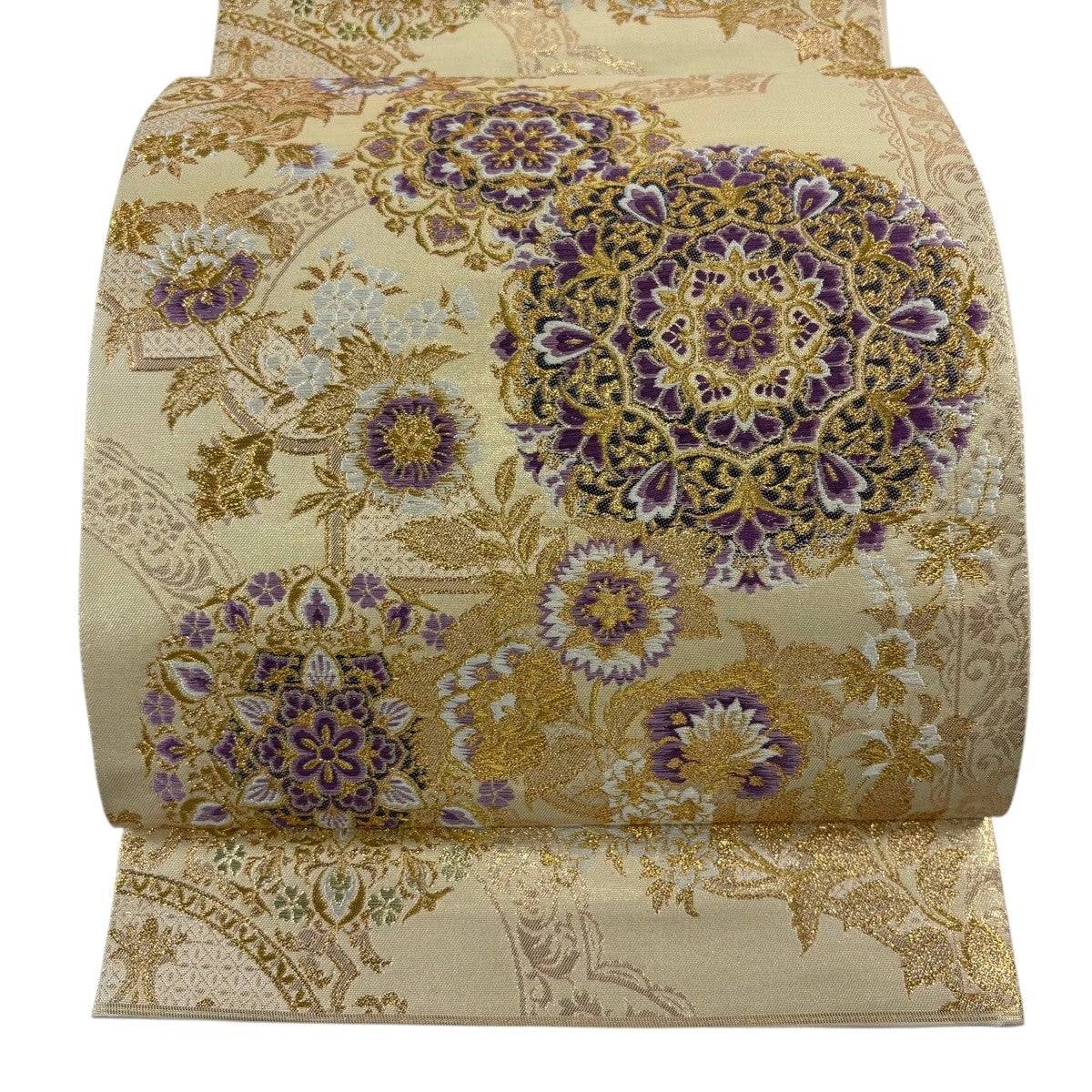 逸品 明綴れ 正絹袋帯 華文 華唐草 金銀糸 お太鼓柄 6月単衣にもお勧め 美品】 袋帯 逸品 帝王紫 落款あり じゅらく 荘重華麗宮殿文 金銀糸 箔