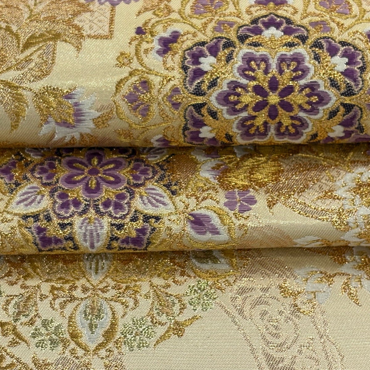 美品】 袋帯 逸品 帝王紫 落款あり じゅらく 荘重華麗宮殿文 金銀糸 箔