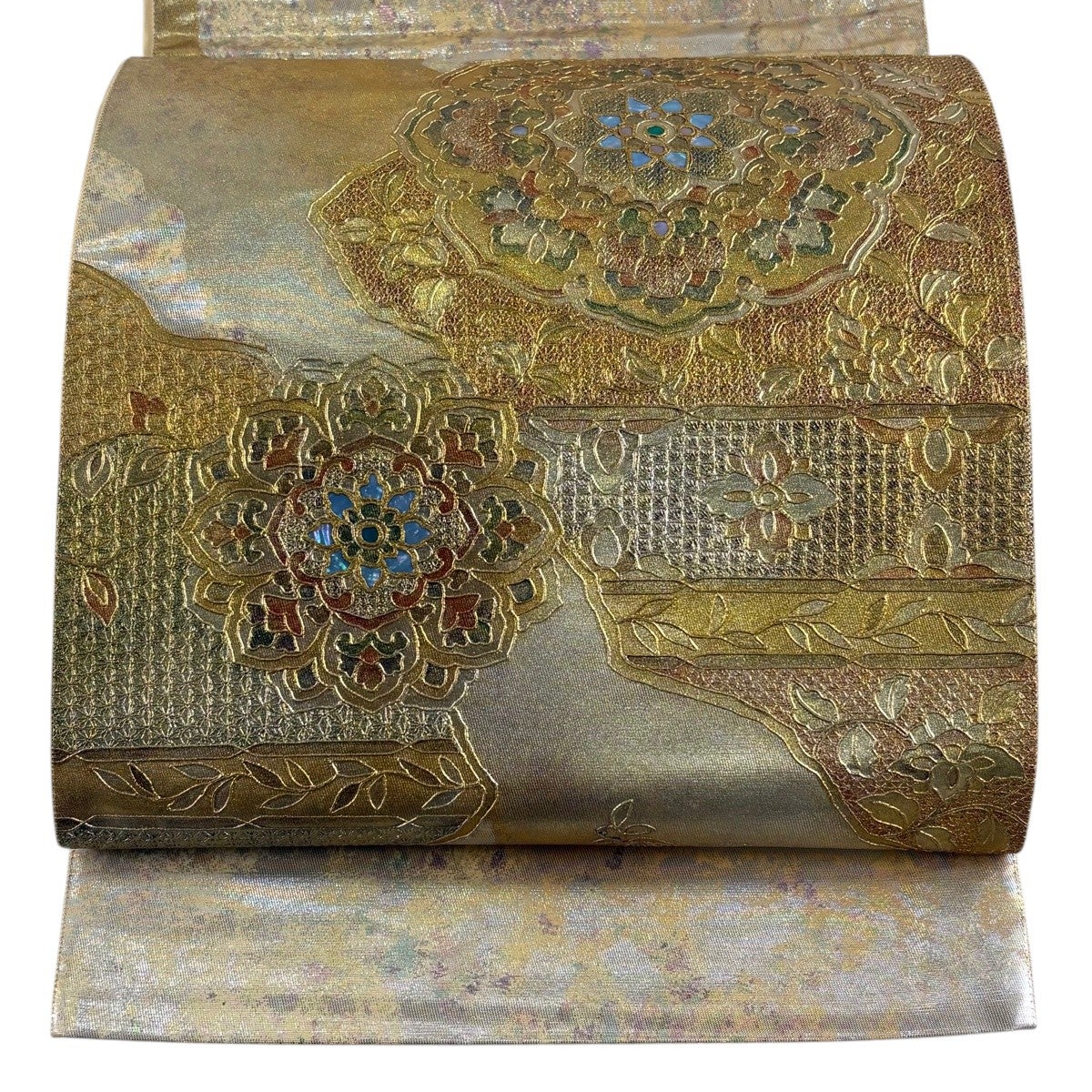袋帯 名品 関西仕立て 華文 花喰鳥 螺鈿 箔 金色 お太鼓柄 正絹｜中古