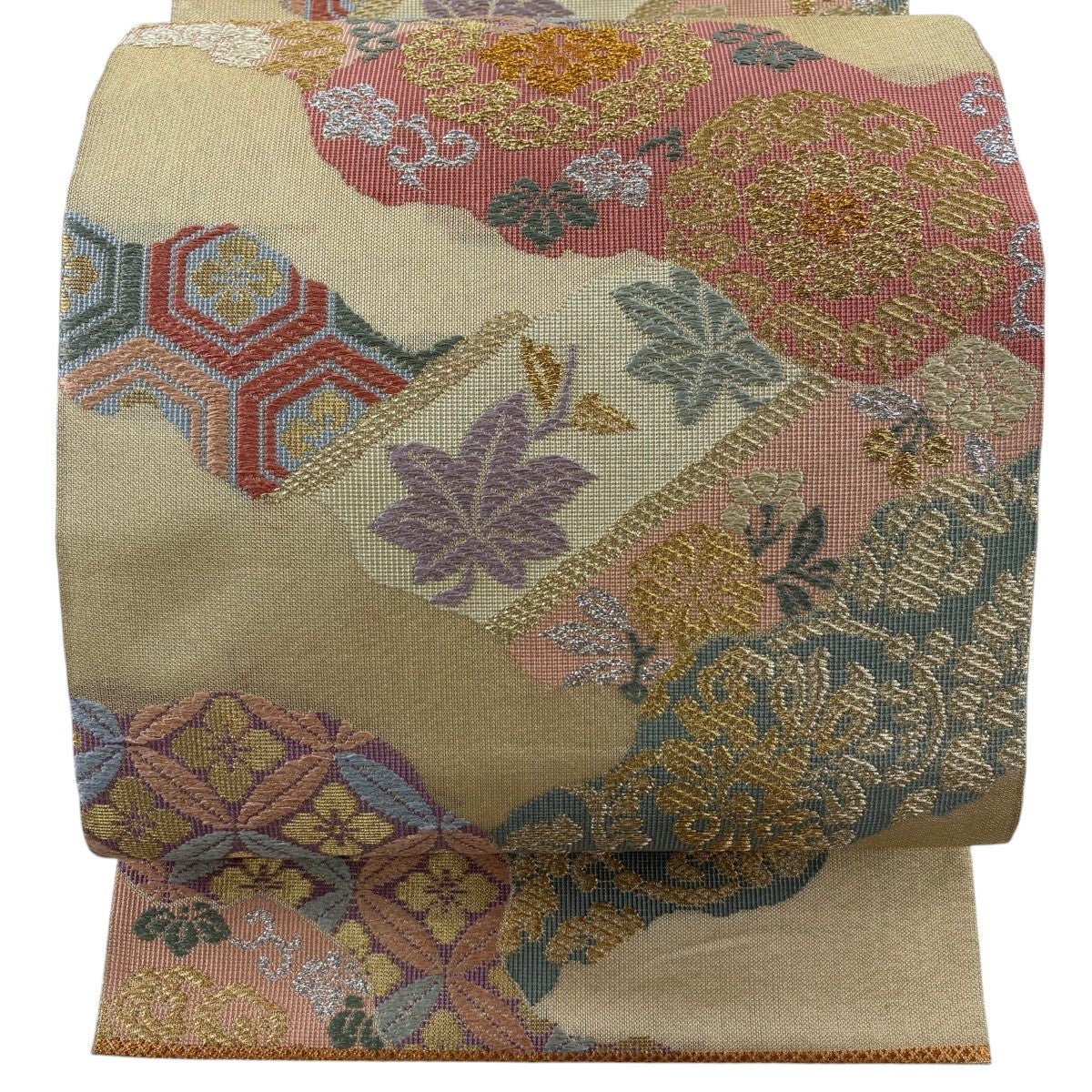 美品】 袋帯 名品 関西仕立て 吉祥道長文様 七宝 箔 金糸 ベージュ 六