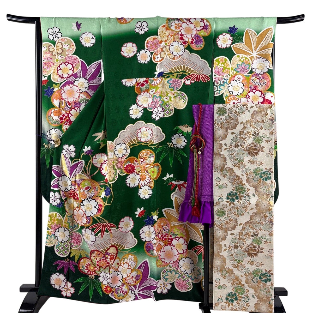 美品】振袖 身丈161.5cm 裄丈66cm M 袷 袋帯フルセット 桜 笹 金糸