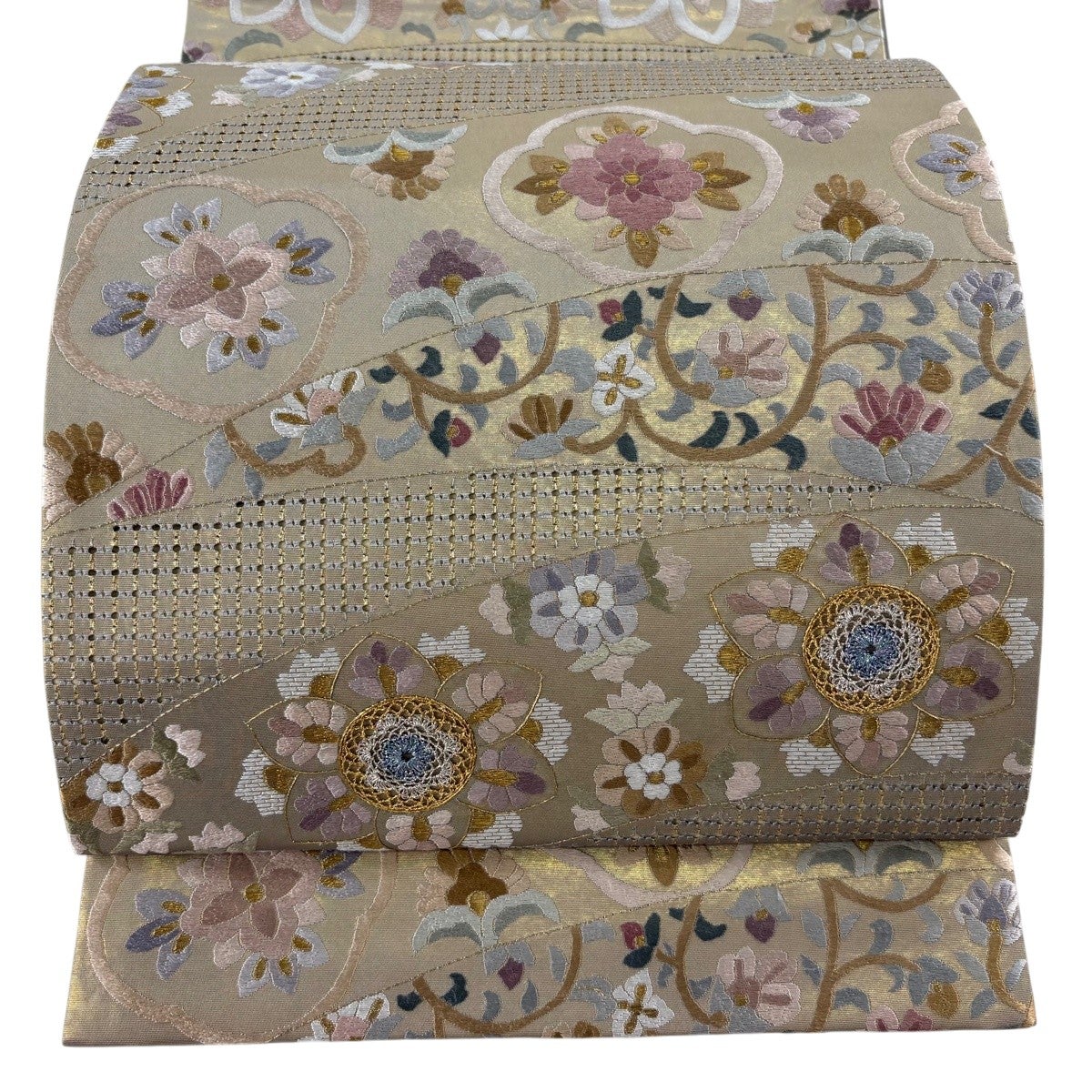 milk　m285 花唐草 袋帯 茶系 六通 正絹 袋帯 逸品 華文 花唐草 刺繍 箔 金色 六通 正絹｜中古・古着