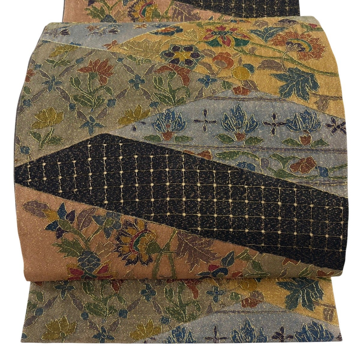 美品】袋帯 逸品 明綴れ 華文 花唐草 金糸 金色 全通 正絹｜中古・古着