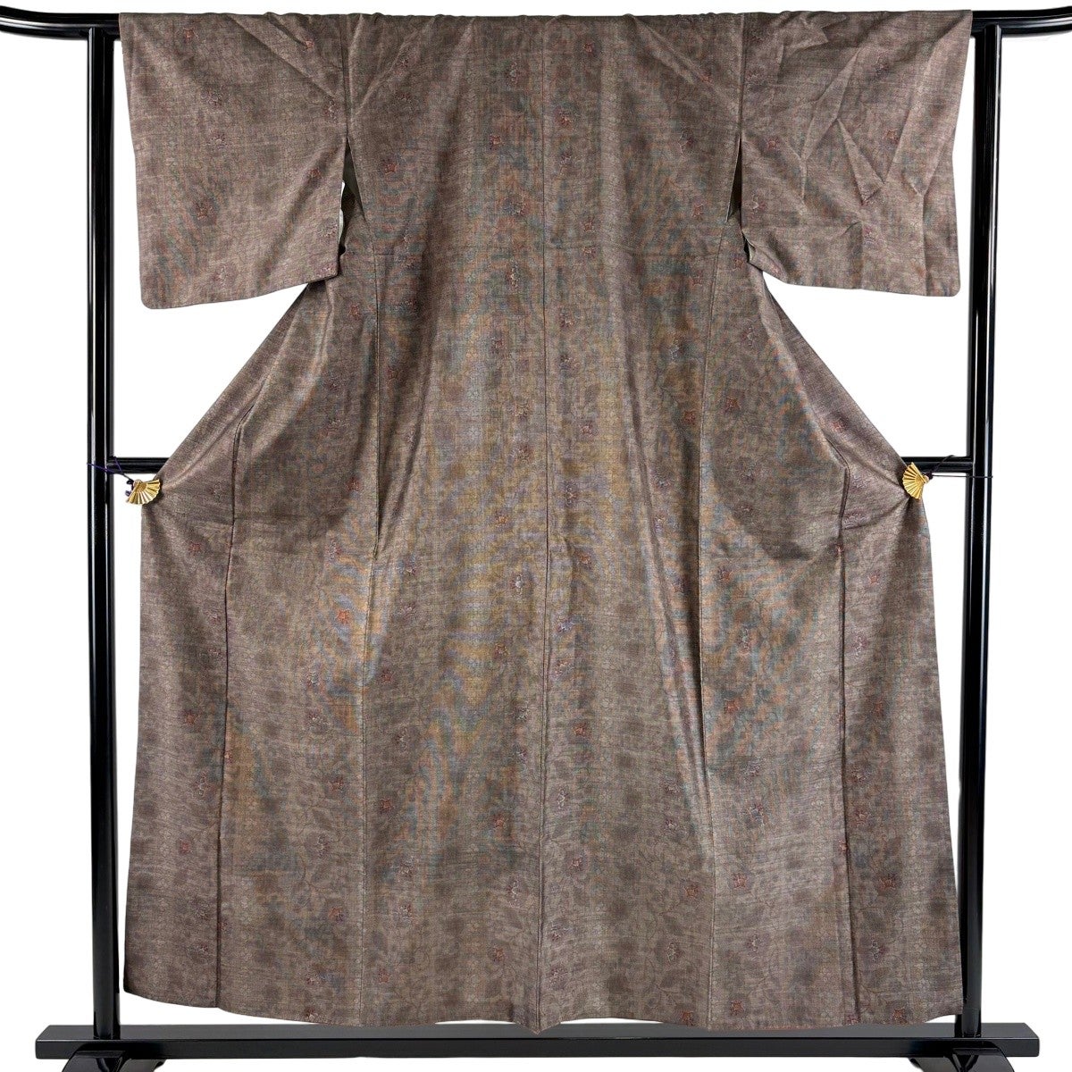紬 身丈156cm 裄丈63cm S 袷 花唐草 茶色 正絹 秀品｜中古・古着