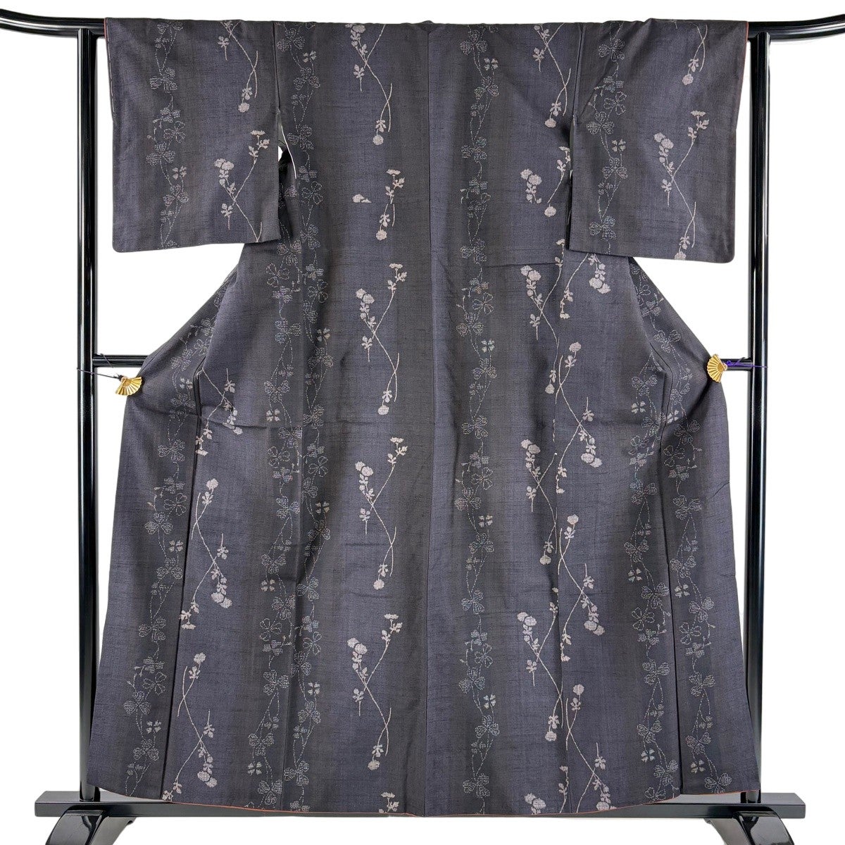 紬 身丈155cm 裄丈63cm S 袷 縞 亀甲絣 焦茶色 正絹 秀品｜中古・古着
