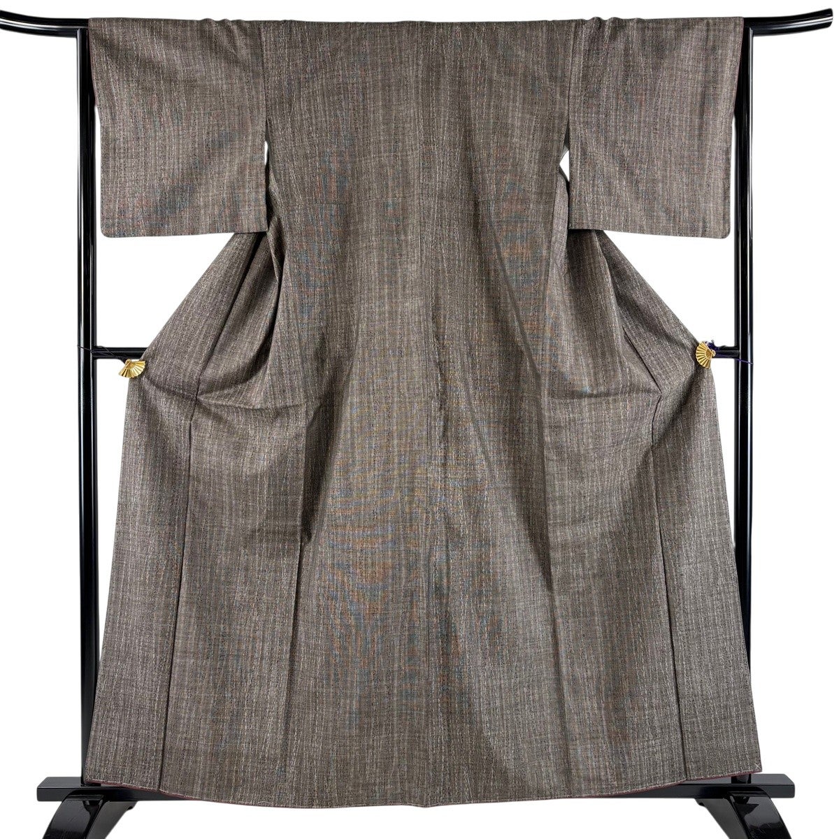 紬 身丈161.5cm 裄丈67cm M 袷 唐草 幾何学 焦茶色 正絹 秀品｜中古