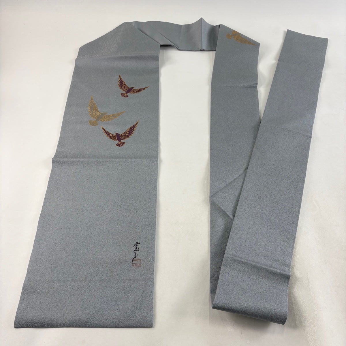 ハロウィンクーポン対象】 名古屋帯 名品 斉藤三才 落款あり 鳥 銀糸