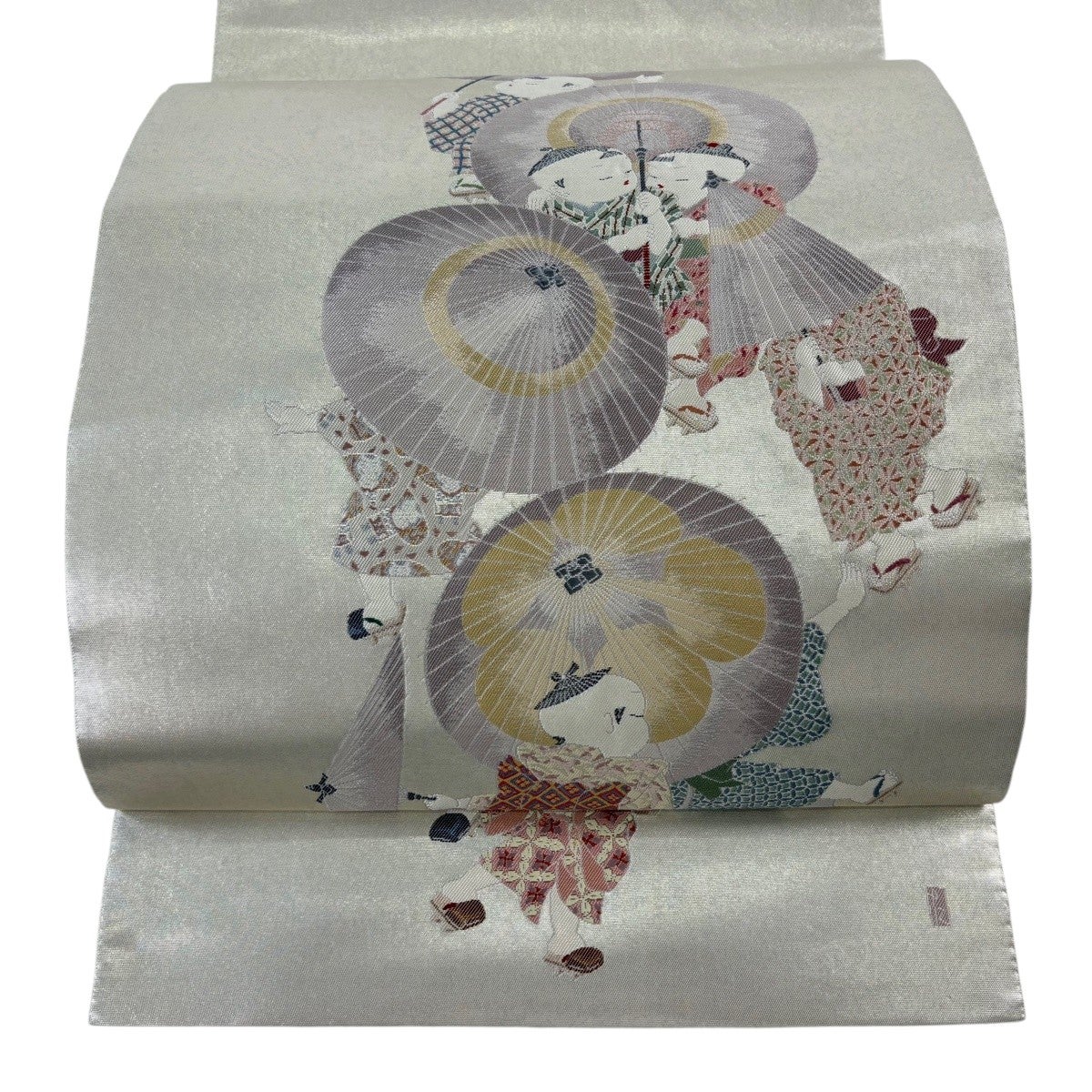 c1086 逸品 高級品 正絹 袋帯 太鼓柄 落款あり 由水十久 鏡獅子 銀色 美品】 袋帯 逸品 長嶋成織物 落款あり 由水十久監修 瀞銀錦 童 番傘