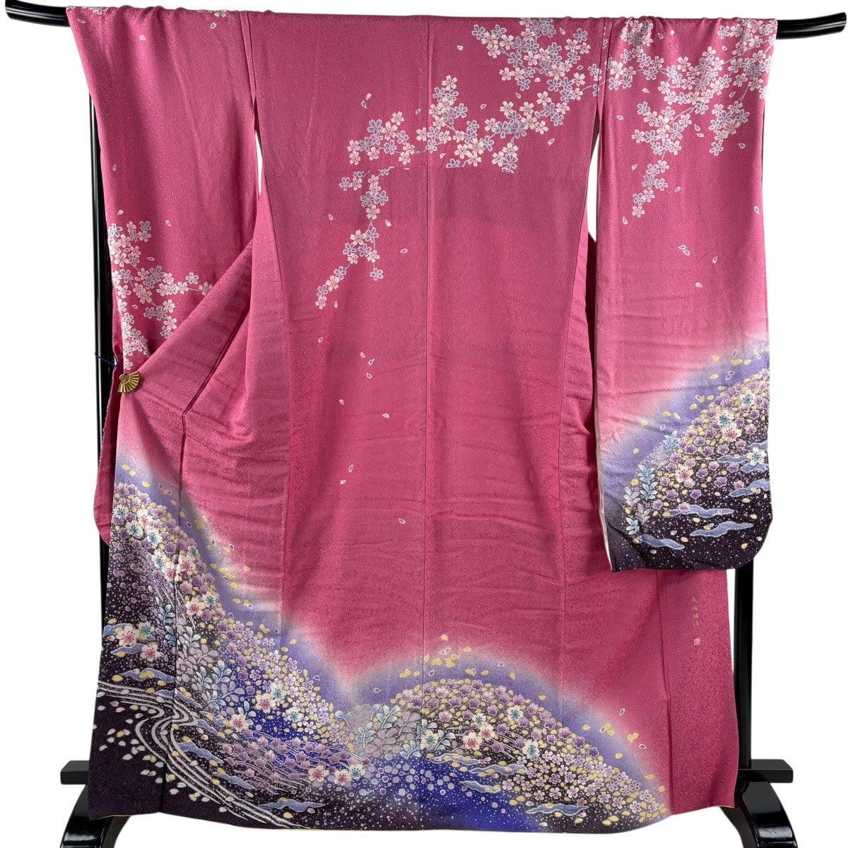 振袖 身丈166cm 裄丈67cm M 袷 桜 花びら 銀通し 金彩 紫 正絹 名品