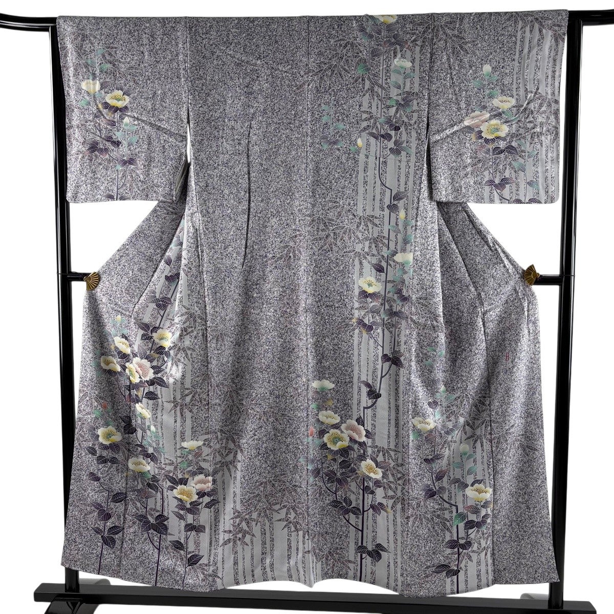 美品】 訪問着 身丈159cm 裄丈64cm M 袷 百貫石峰 落款あり 草花 灰緑