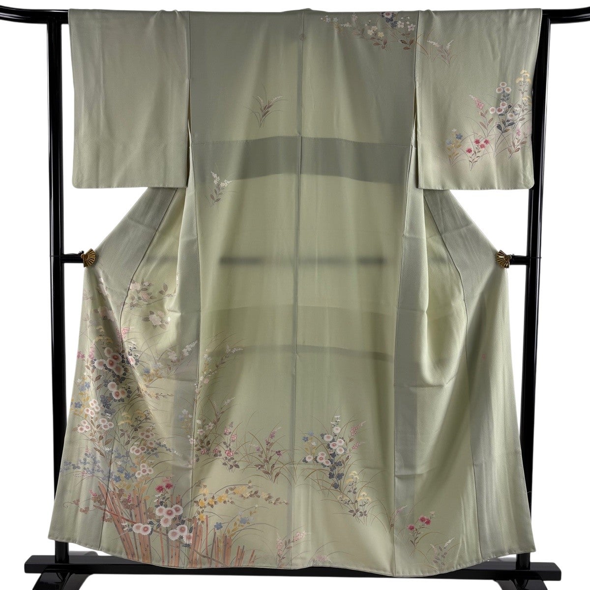 付下げ 身丈164cm 裄丈68.5cm L 袷 霞 金糸 ぼかし 薄緑 正絹 秀品