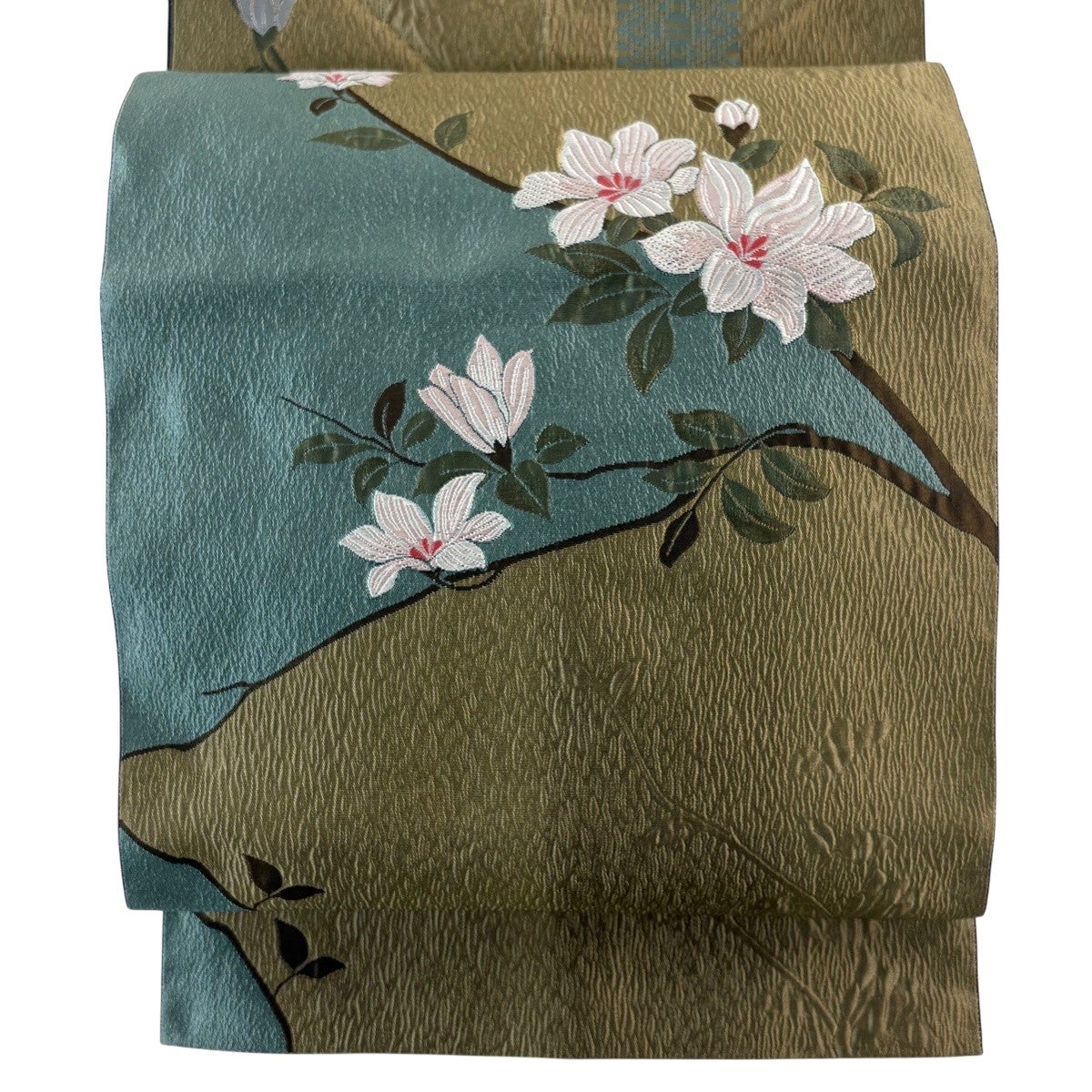 名古屋帯 優品 八寸名古屋帯 松葉仕立て 草花 鶯色 正絹｜中古・古着