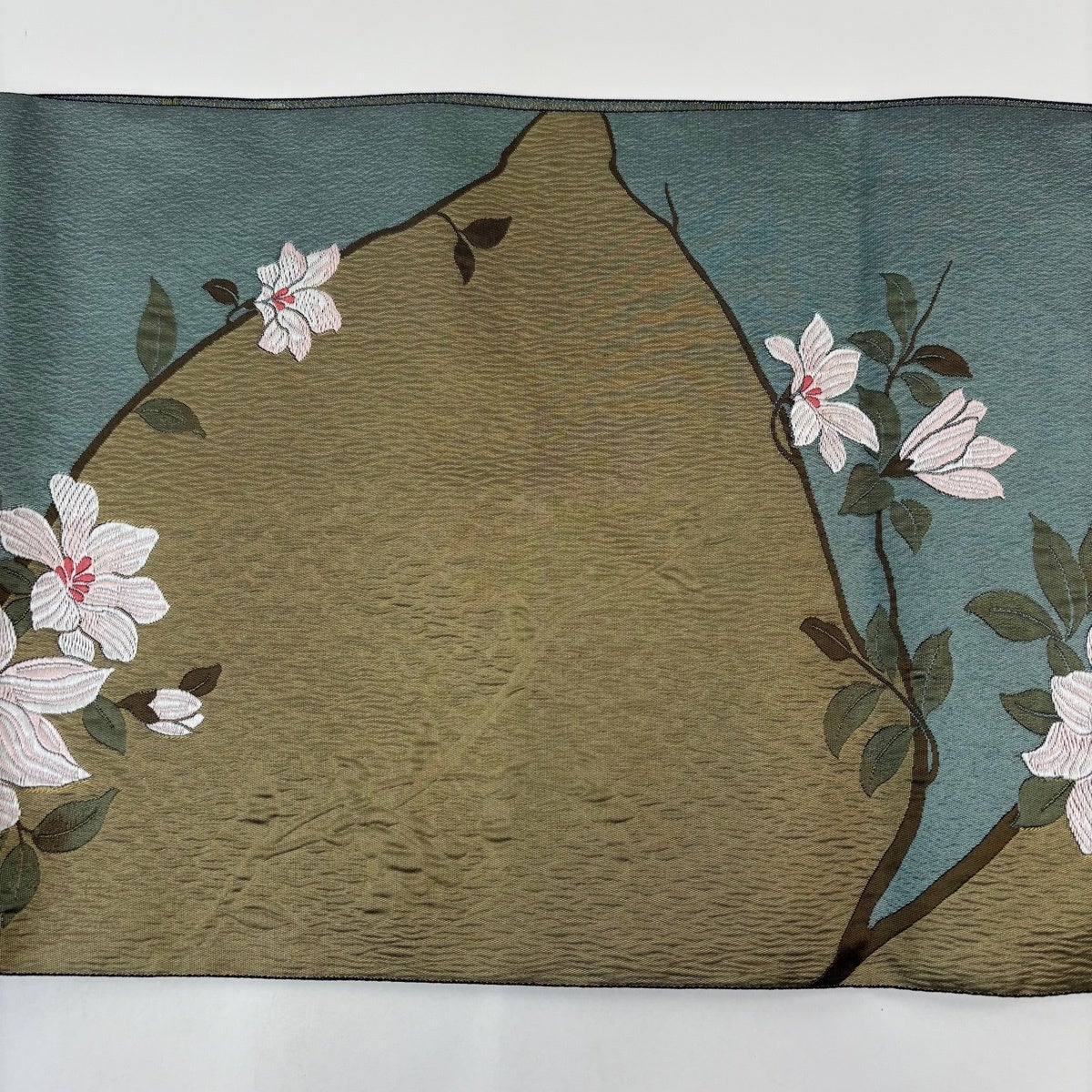 名古屋帯 優品 八寸名古屋帯 松葉仕立て 草花 鶯色 正絹｜中古・古着