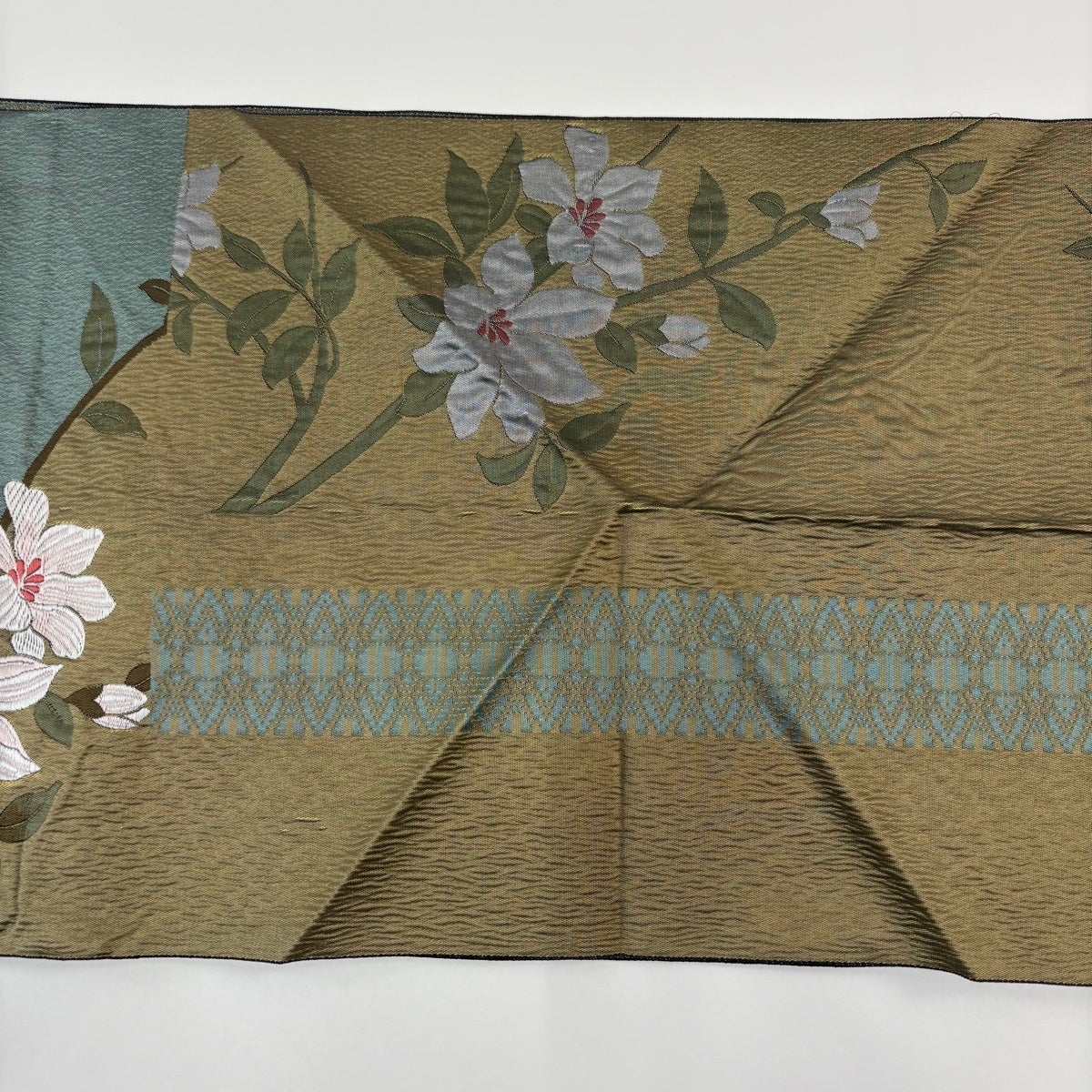 名古屋帯 優品 八寸名古屋帯 松葉仕立て 草花 鶯色 正絹｜中古・古着