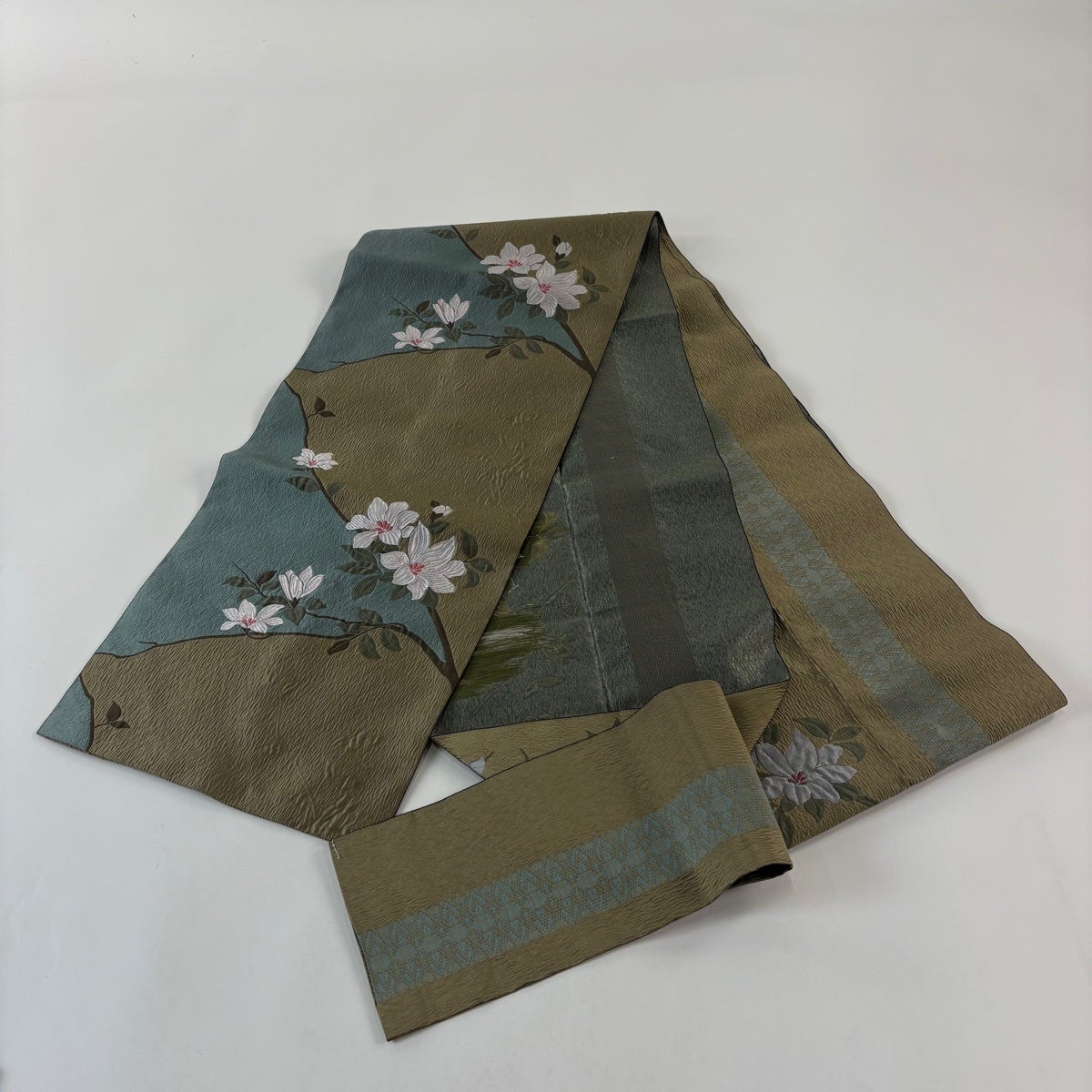 名古屋帯 優品 八寸名古屋帯 松葉仕立て 草花 鶯色 正絹｜中古・古着